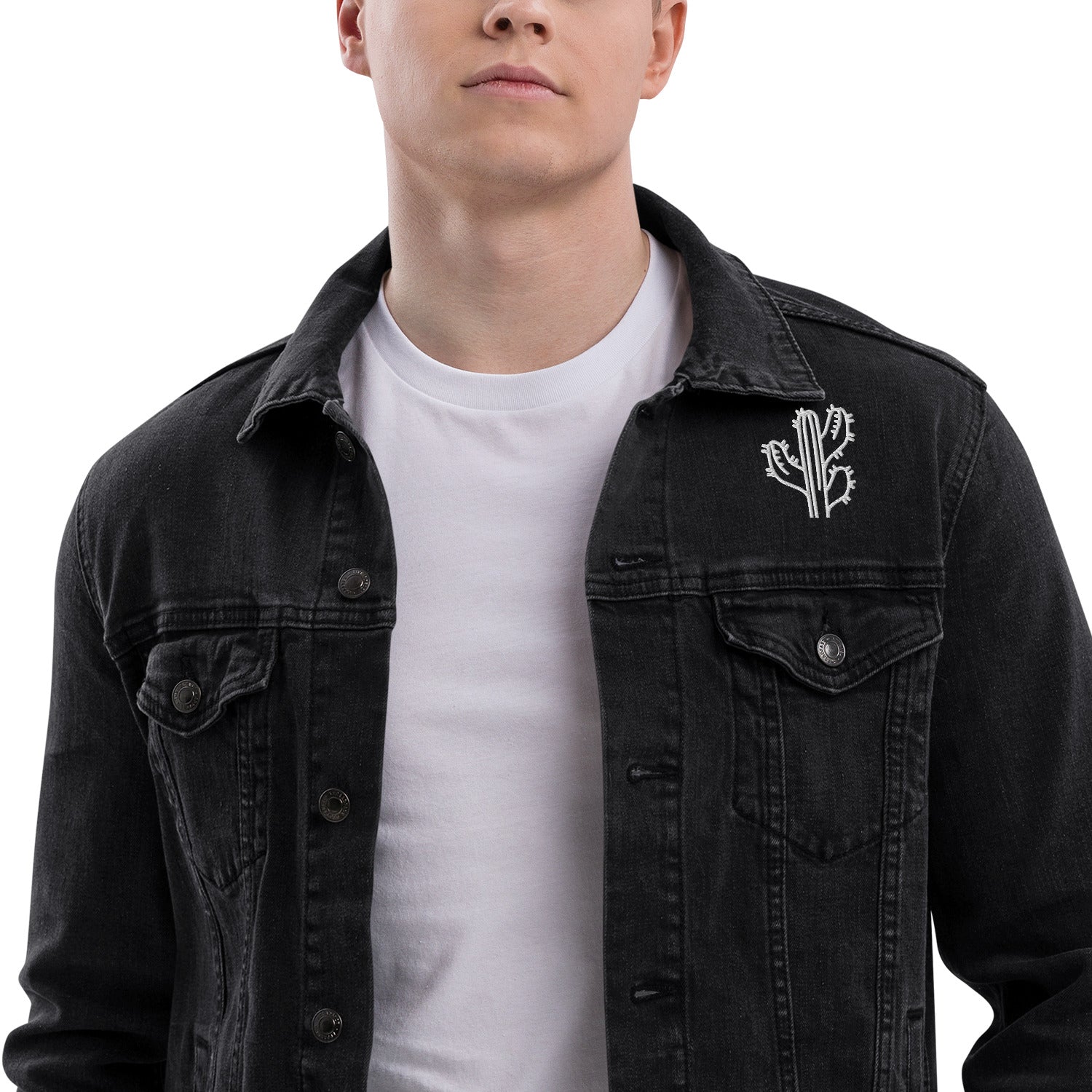Unisex Denim Jacket with Desert Cactus Print - Black Distressed Denim Jacket for Men & Women | Perfect for Casual Outfits, Outdoor Adventures & Streetwear Fashion