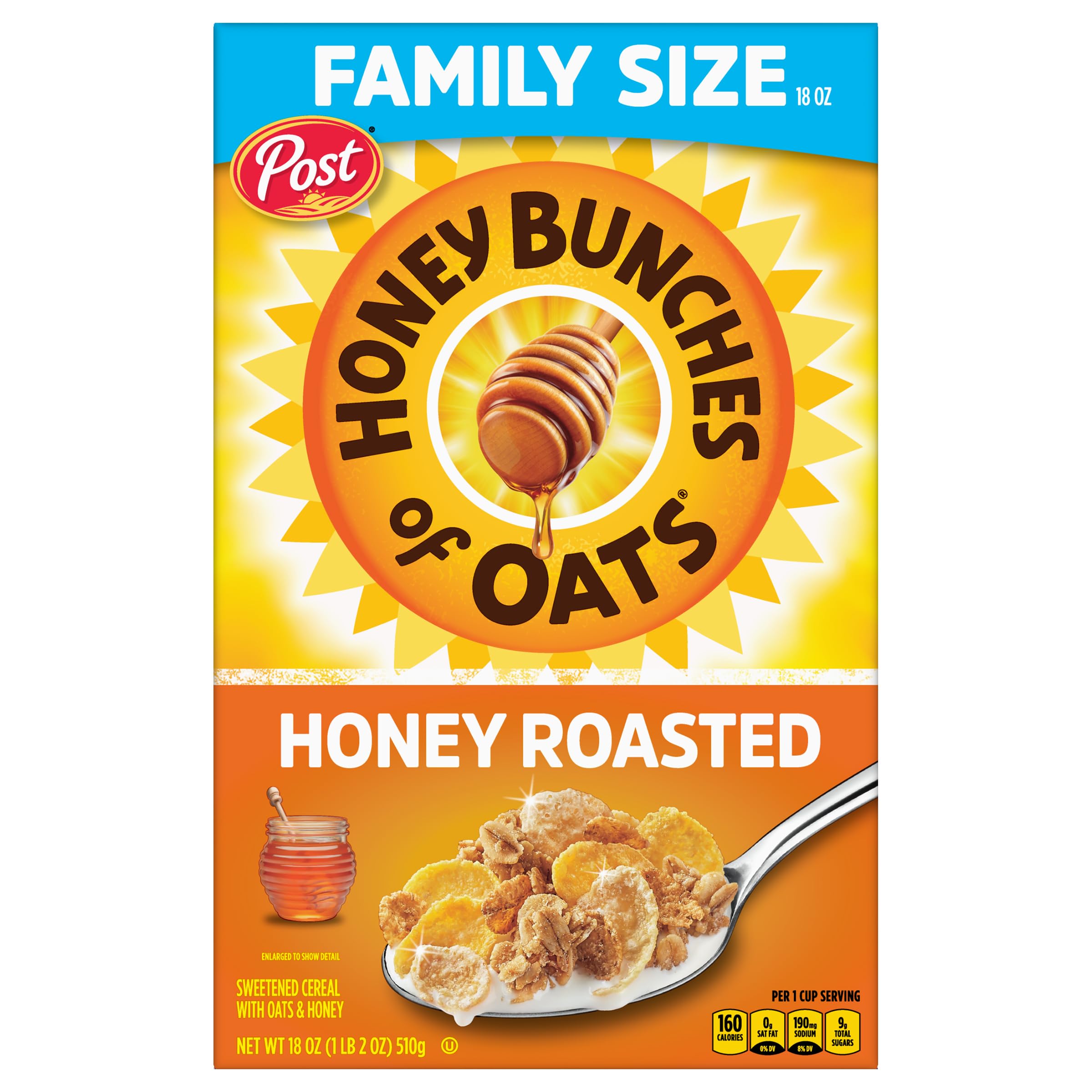 Honey Bunches of Oats Honey Roasted Breakfast Cereal with Granola Clusters - 18oz Box - Crunchy Whole Grain Oat Cereal for Healthy Breakfast & Snacking - Perfect for Family Mornings, Office Snacks & On-the-Go Energy