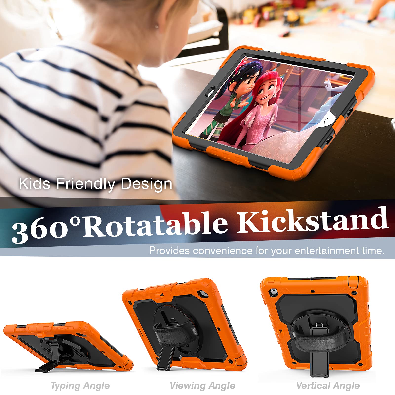 Shockproof Rugged Case for iPad 10.2 Inch (7th/8th/9th Gen) with Screen Protector, Pencil Holder & Kickstand - Durable Protective Cover for Kids Boys Girls - Black & Orange | Perfect for School, Travel & Outdoor Activities