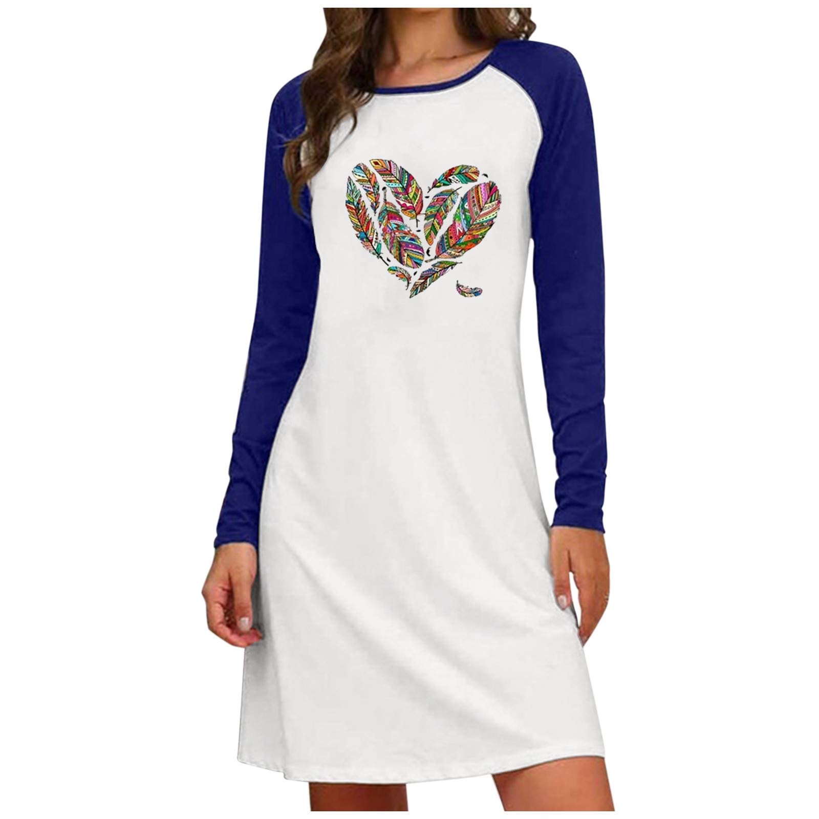 Women's Summer Casual Beach Dress - Crew Neck Short Sleeve Feather Print Patchwork T-Shirt A-Line Mini Dress | Perfect for Vacations, Pool Parties & Tropical Getaways