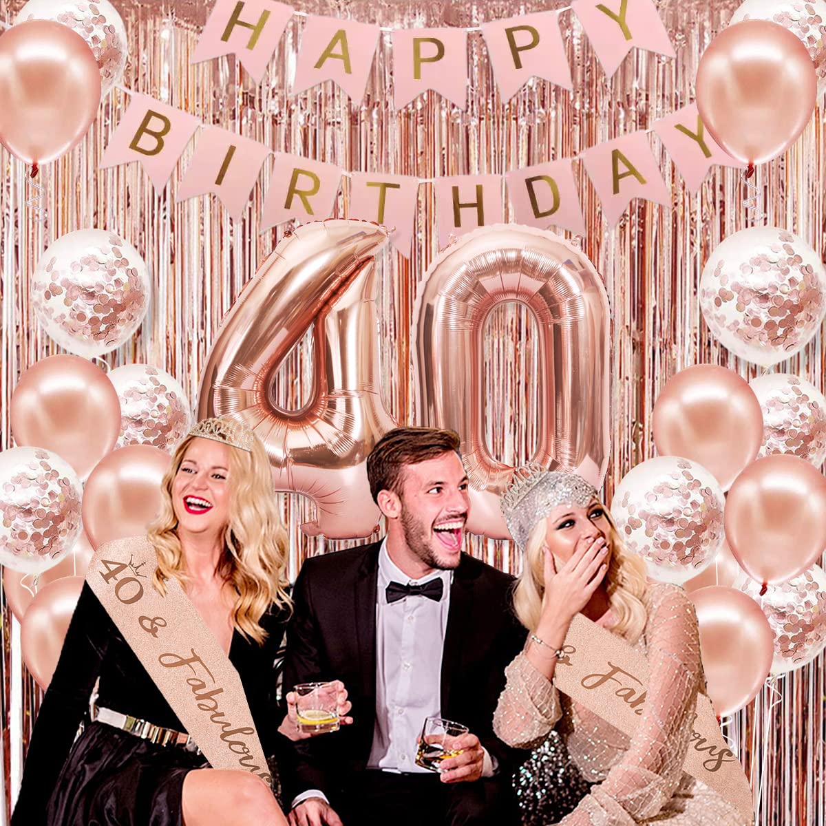 Rose Gold 40th Birthday Party Decorations Set for Women - Banner, Crown, Sash, Cake Topper & Number Balloons - Elegant 40th Birthday Party Supplies for Women's Milestone Celebration - Perfect for Birthday Parties, Surprise Events & Photo Backdrops