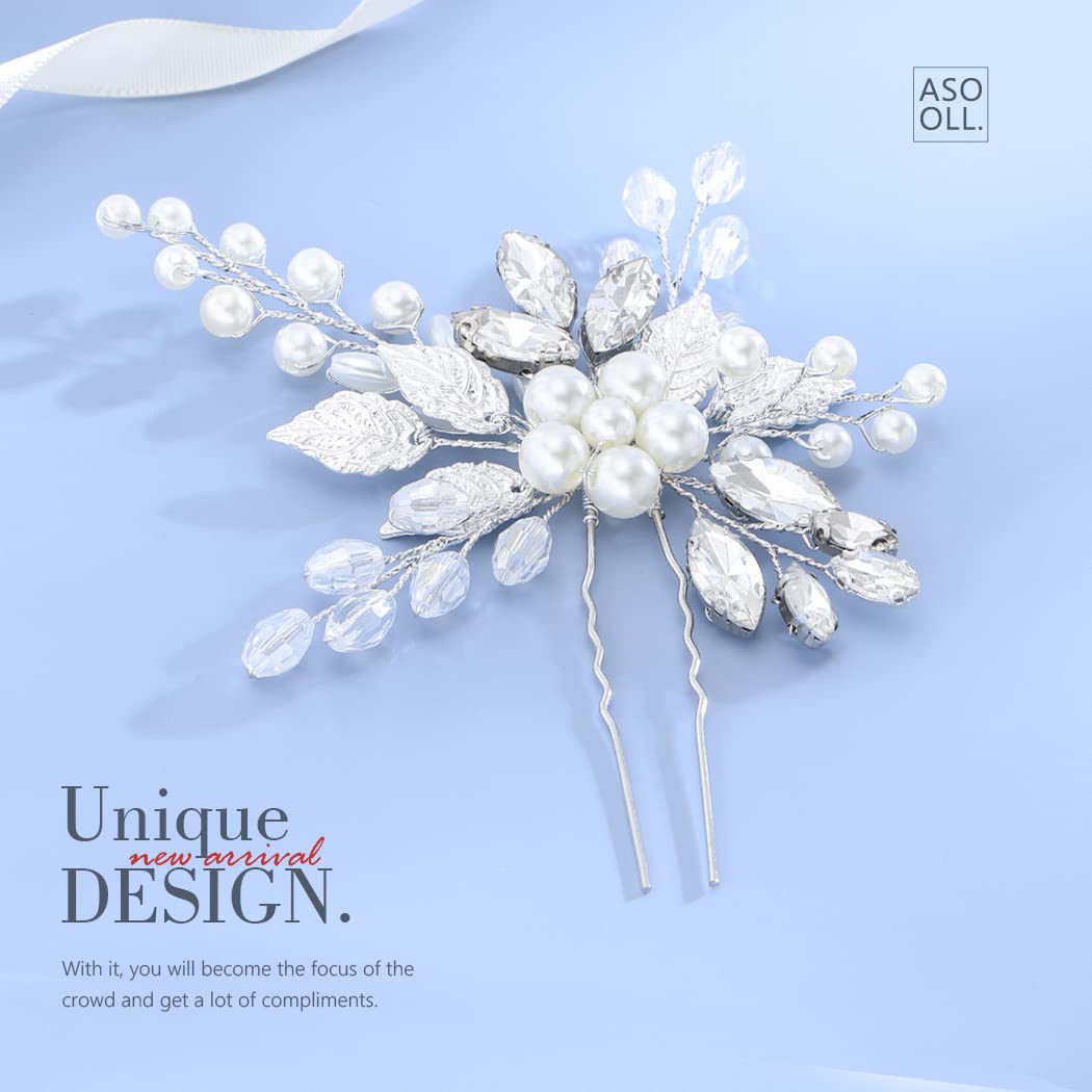 Pearl Bridal Hair Pins - Silver Leaf Rhinestone Hair Accessories for Wedding & Parties