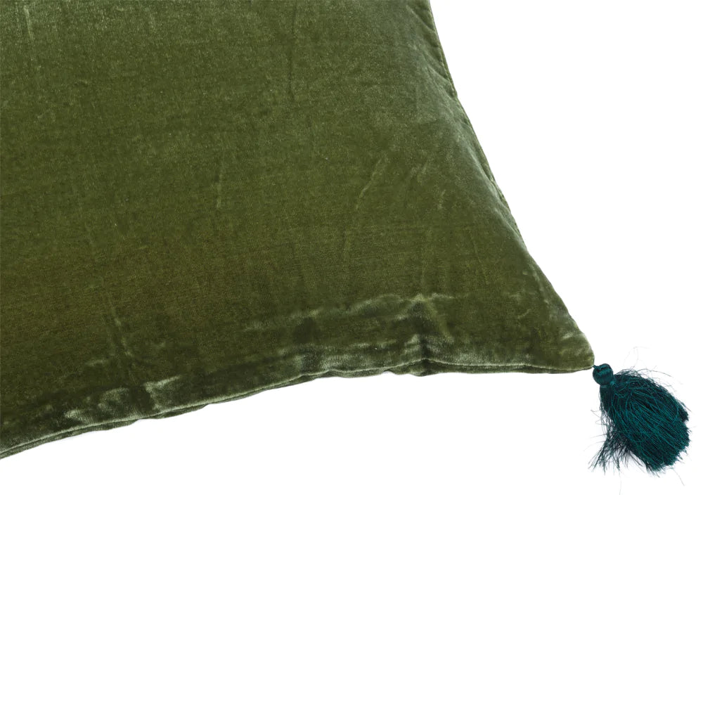 Artichoke Green Silk Velvet Fabric with Pompom Trim - Elegant Upholstery & Home Decor for Sofas, Curtains, and Throw Pillows