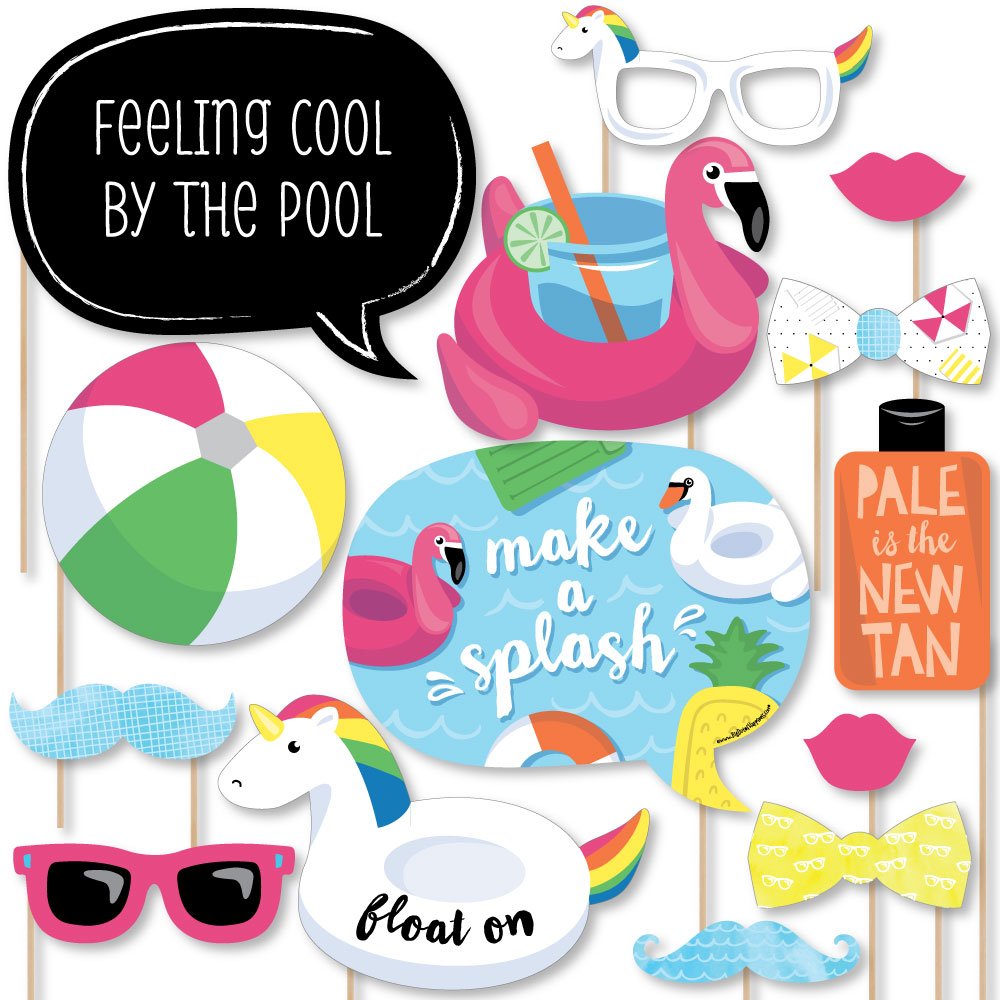 Make a Splash Pool Party Photo Booth Props Kit - 20 Count Summer Swimming & Birthday Party Decorations - Fun Beach Party, Backyard BBQ, Kids Celebration Accessories