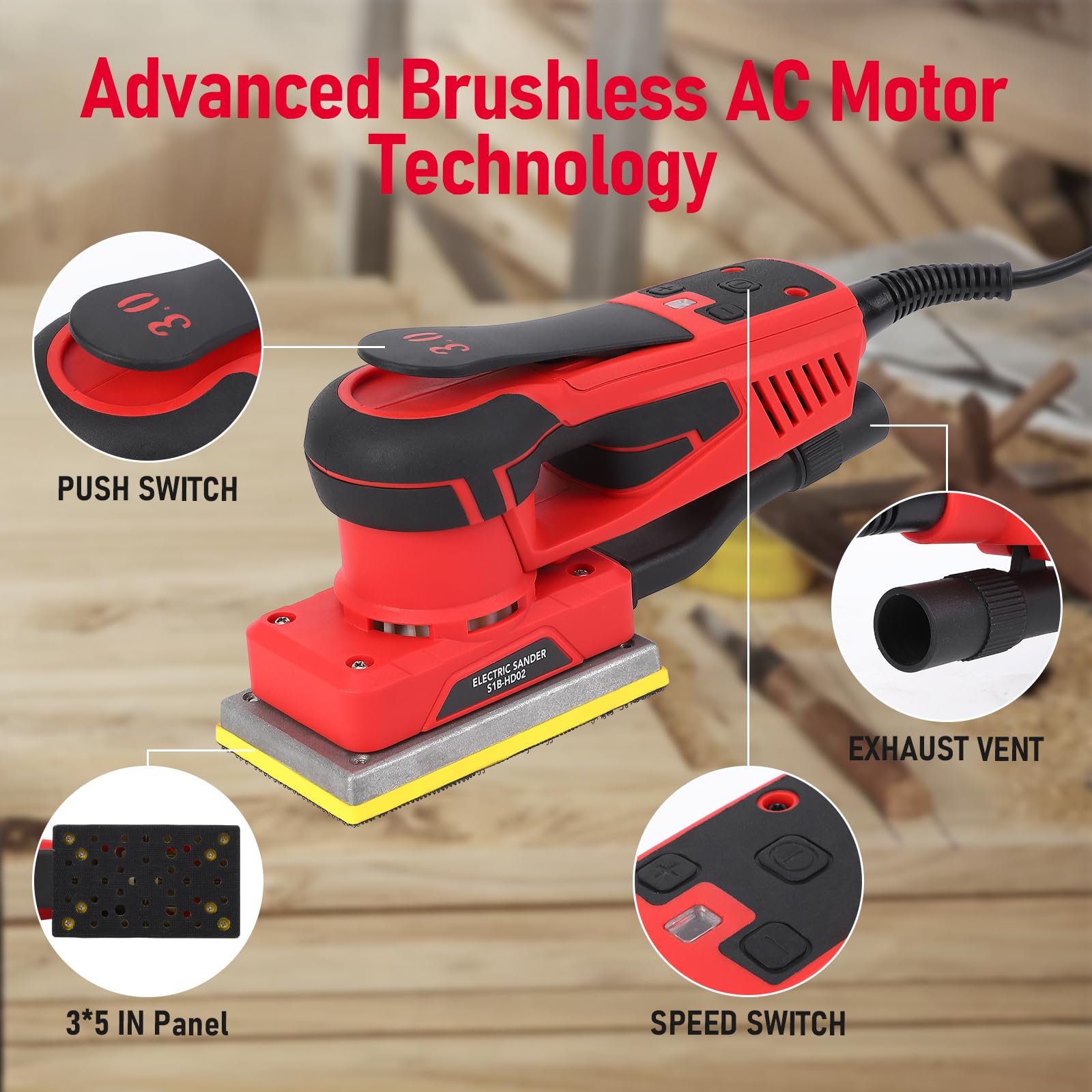 350W Brushless Motor Sheet Sander with 12 Sanding Papers - Powerful & Low Vibration Finishing Sander (10000 RPM) - Ideal for Woodworking, Polishing, Carpentry & DIY Projects - Perfect for Furniture Refinishing, Deck Sanding & Surface Preparation