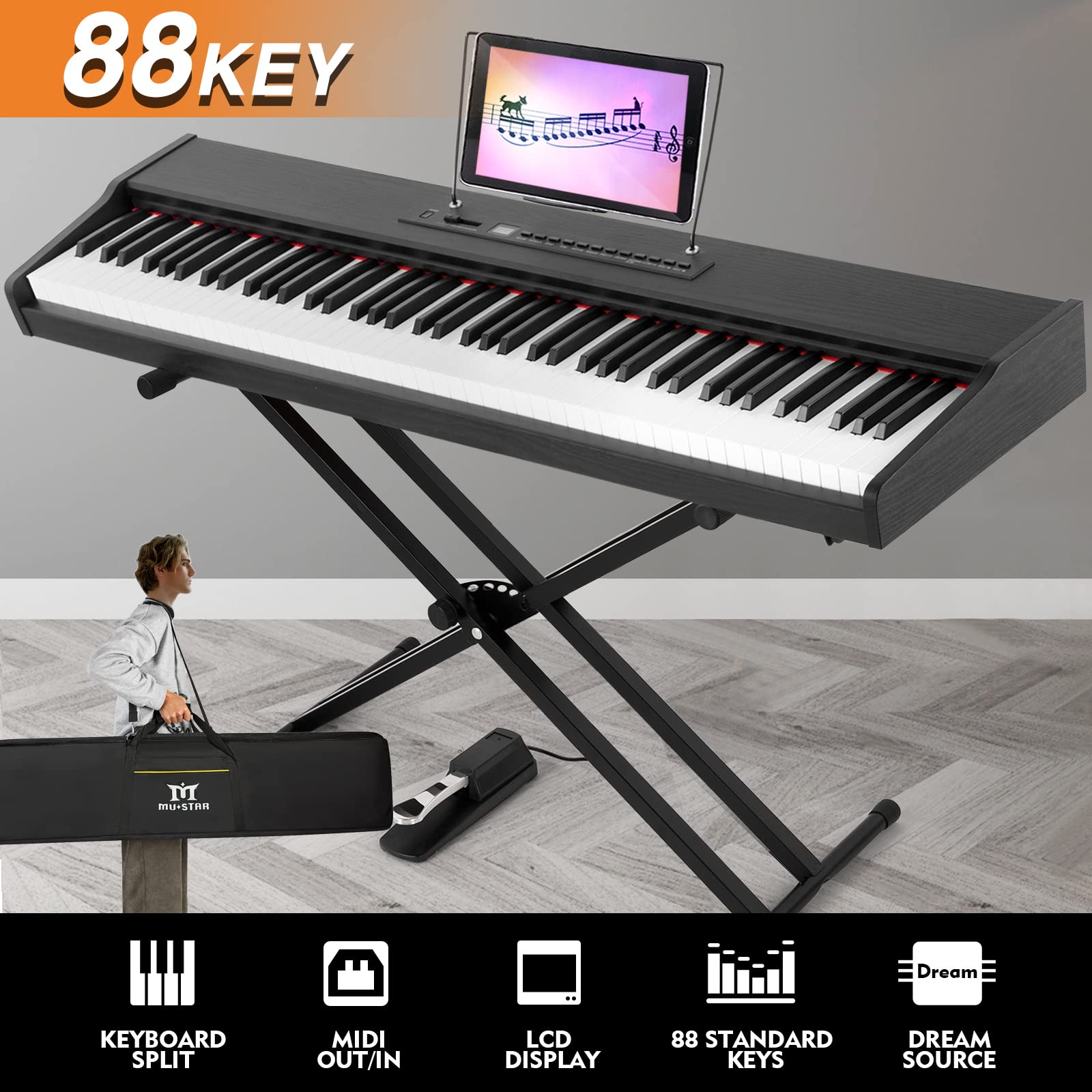Mustar 88-Key Digital Piano with Semi-Weighted Keys, MDF Cabinet, Double Tube Stand, MIDI/USB Connectivity, Storage Bag & Sustain Pedal - Perfect for Home Practice, Studio Recording & Live Performances (Black)
