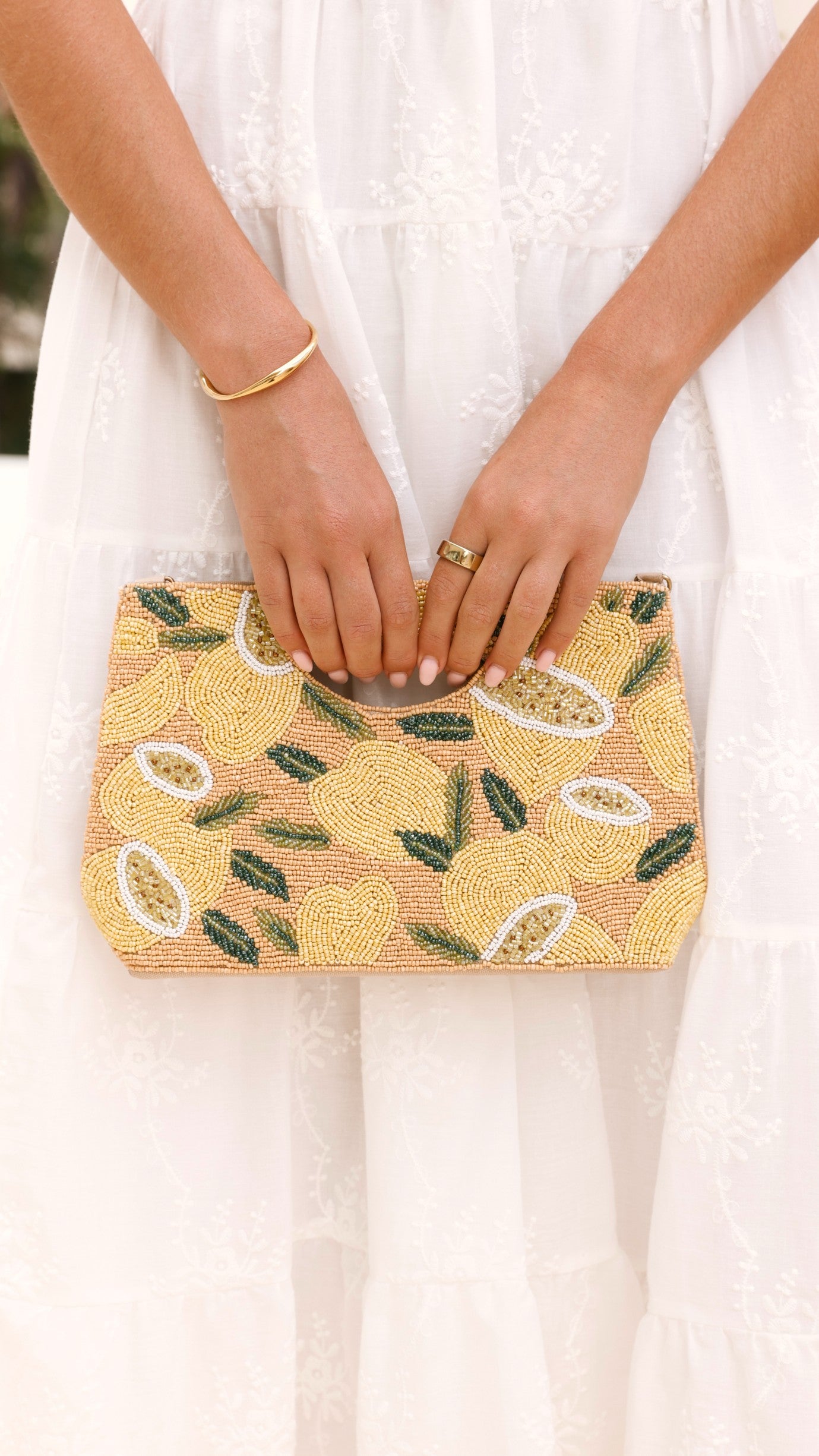 Lucielle Lemon Beaded Clutch Handbag - Yellow & Camel Crossbody Purse for Women, Evening Party & Wedding Accessories