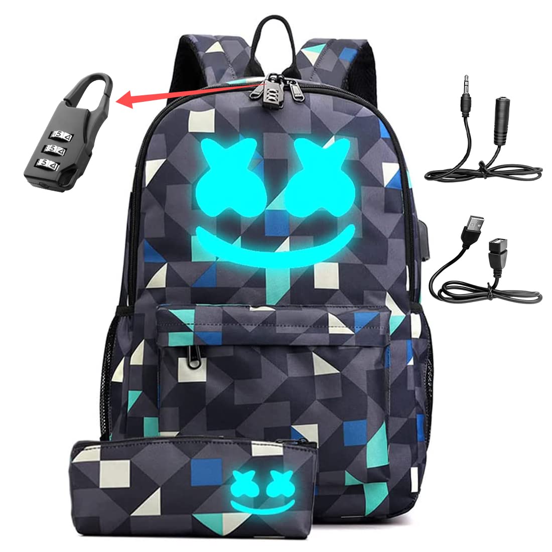 SEWKILNM Smile Luminous Laptop Backpack with USB Charging Port - Waterproof DJ Music Backpack for School, College & Travel - Perfect Birthday Gift for Teens & Adults (Fits 15.6