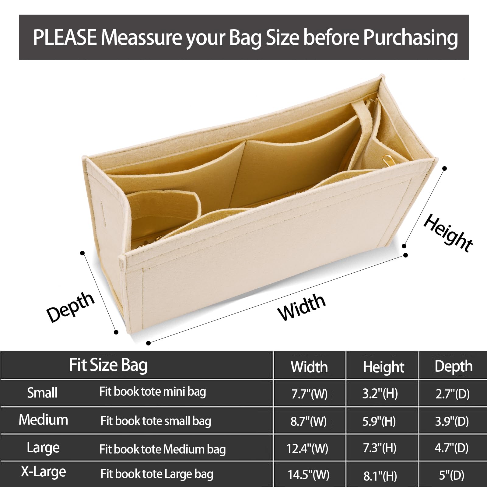 Premium Felt Purse Insert Organizer for Medium Dior Book Tote - Multiple Pockets (Large, Khaki) | Perfect for Travel, Work & Daily Essentials Organization