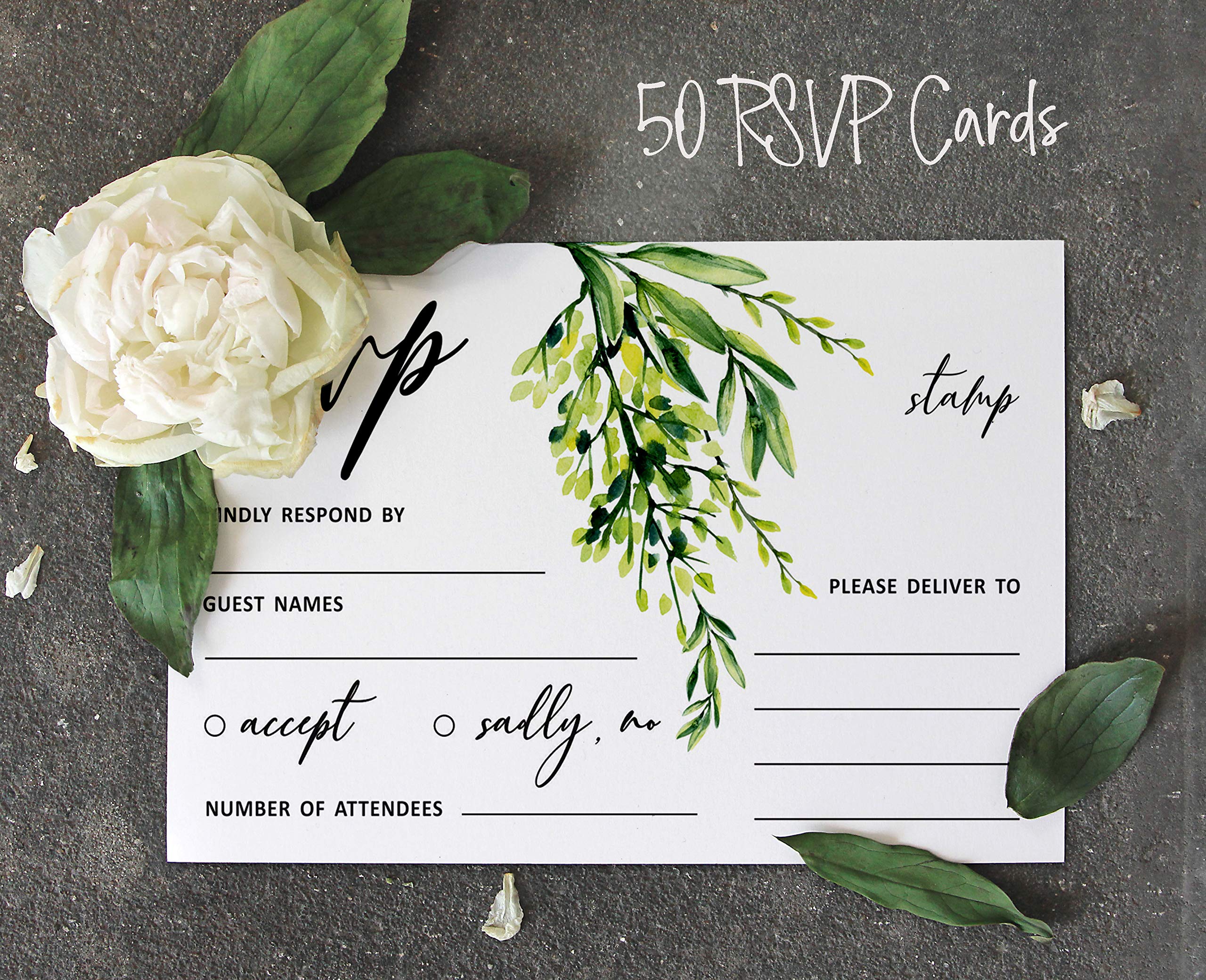 50 Blank RSVP Cards with White Envelopes - Greenery Style Wedding Response Cards for Invitations - Perfect for Wedding, Baby Shower, Bridal Shower, Engagement Party & Rehearsal Dinner - Elegant Stationery for Your Special Events