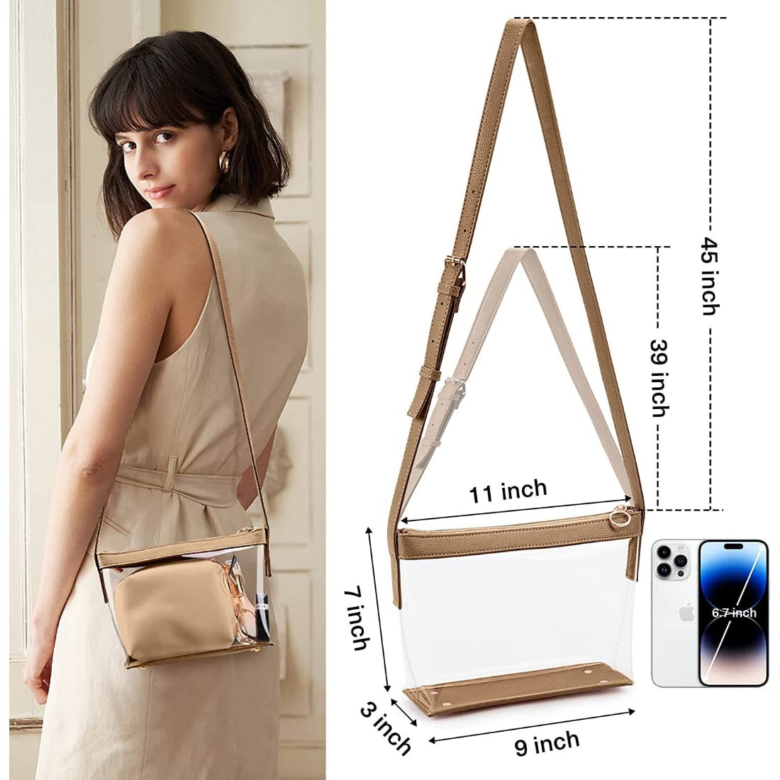 BYKOINE Women's Clear Crossbody Bag - Stadium Approved Leather Purse for Concerts, Sports Events & Festivals | Perfect for Concerts, Travel, Shopping & Night Out