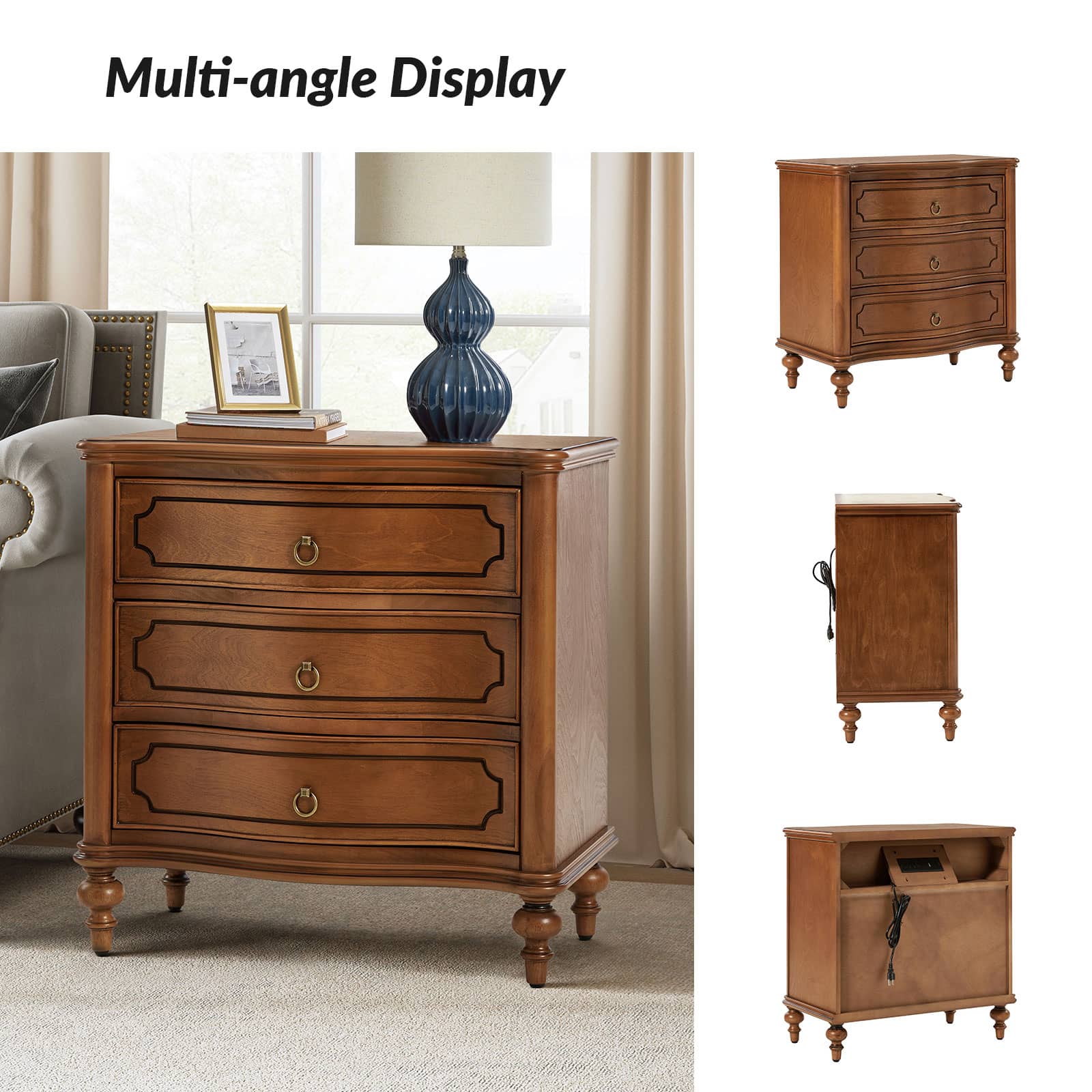 Bernhard 3 Drawer Traditional Nightstand with USB Outlets - Solid Wood Bedside Table for Bedroom, Living Room & Office - Charging Station & Storage Cabinet