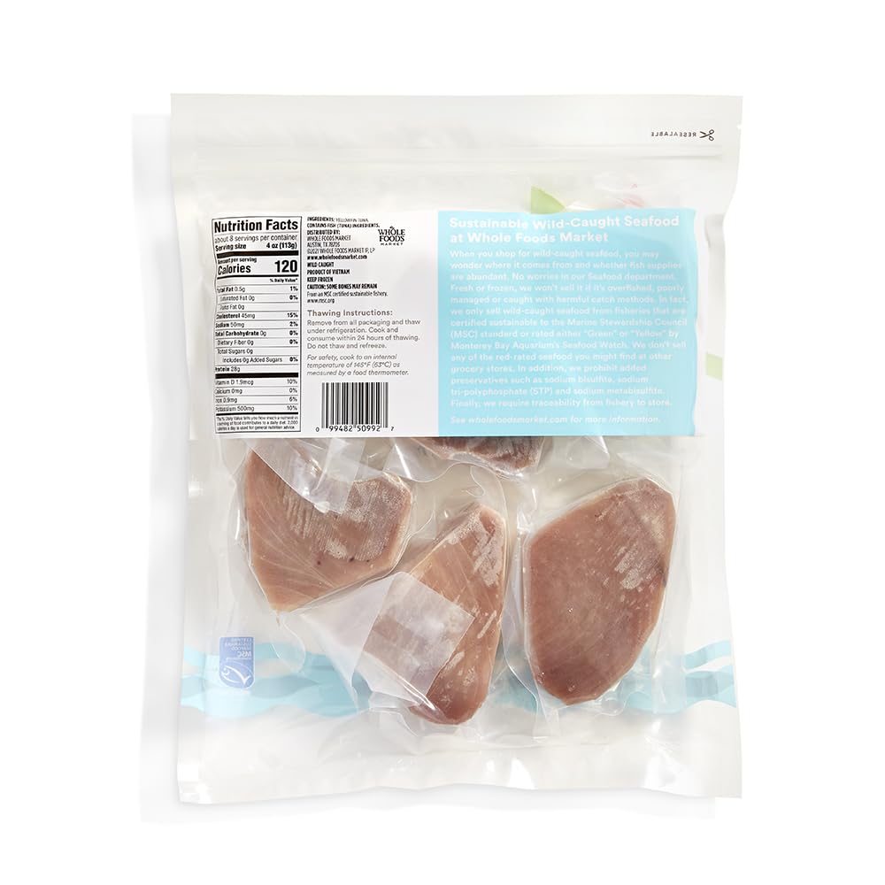 365 By Whole Foods Market, MSC Certified Frozen Yellowfin Tuna Value Pack - 32 Ounce | Premium Sushi-Grade Fish for Poke Bowls, Grilling & Healthy Meal Prep