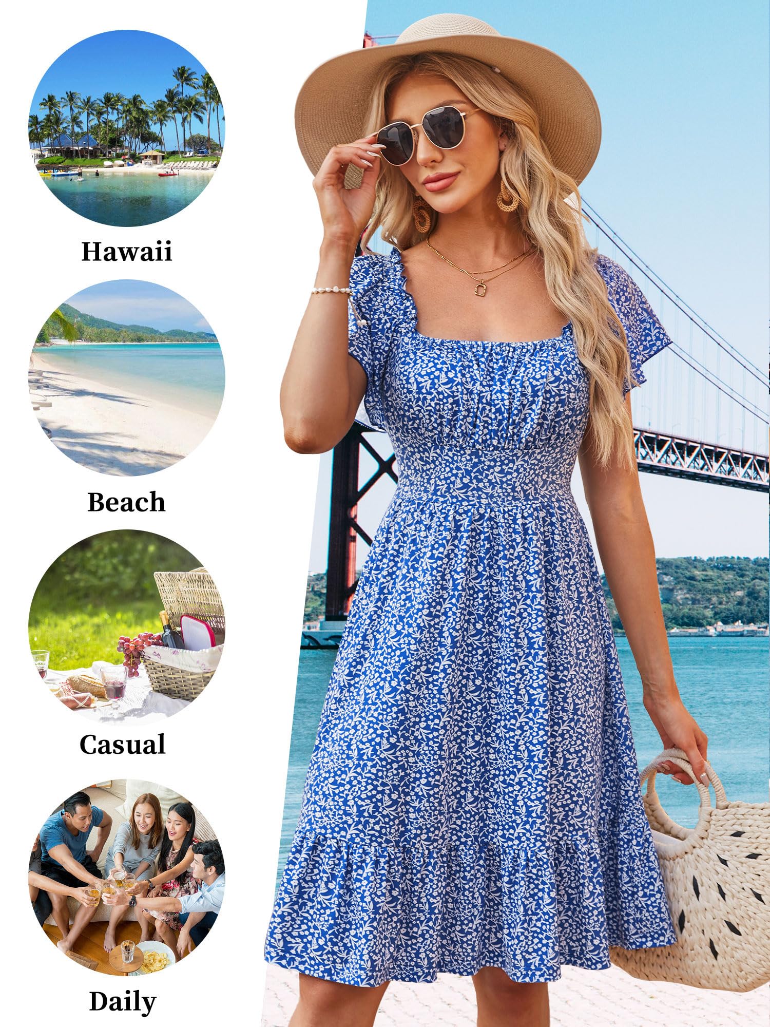 TORARY Women's Cute Summer Dresses 2024 - Flutter Sleeve Square Neck Casual Sundress for Spring & Summer | Perfect for Beach Vacations, Date Nights & Outdoor Parties