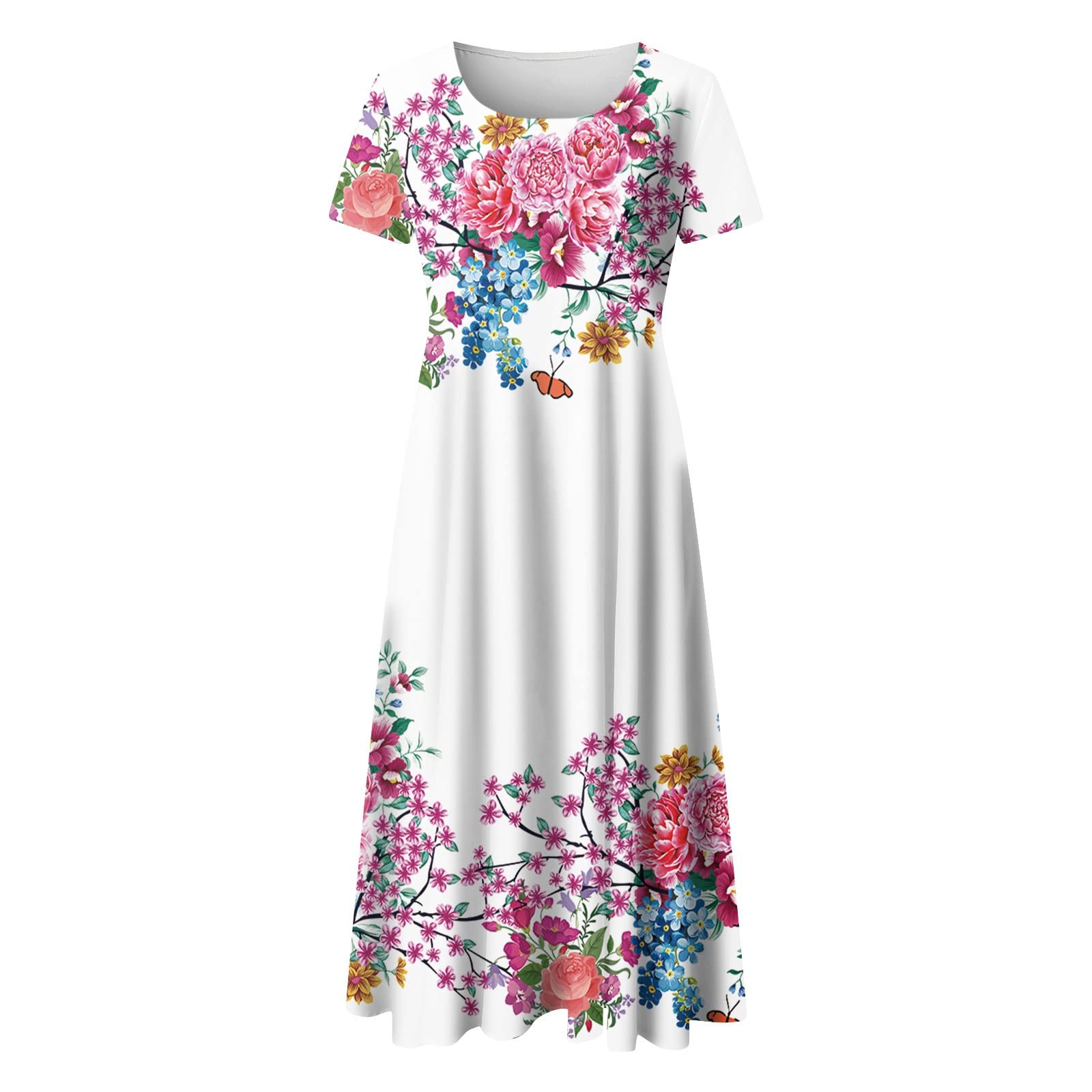 Boho Floral Print Square Neck Midi Sundress for Women - Casual Loose Fit A-Line Maxi Dress with Short Sleeves | Perfect for Summer Beach Vacations, Music Festivals & Boho Chic Outfits