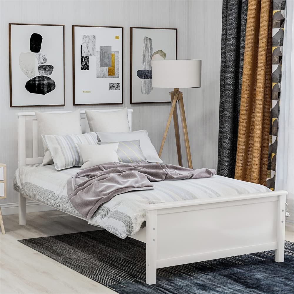 i-POOK Twin Size Wooden Platform Bed Frame with Hollow Headboard & Footboard - Sturdy 10-Slat Support for Kids & Adults, No Box Spring Needed - Perfect for Small Bedrooms, Guest Rooms & Dormitories (White)