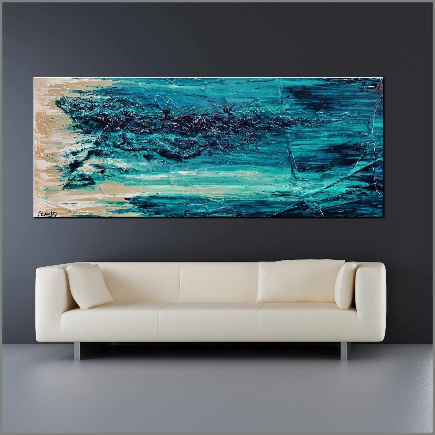 200cm x 80cm Green Cream Textured Abstract Canvas Painting - Modern Wall Art for Living Room, Bedroom & Office Decor