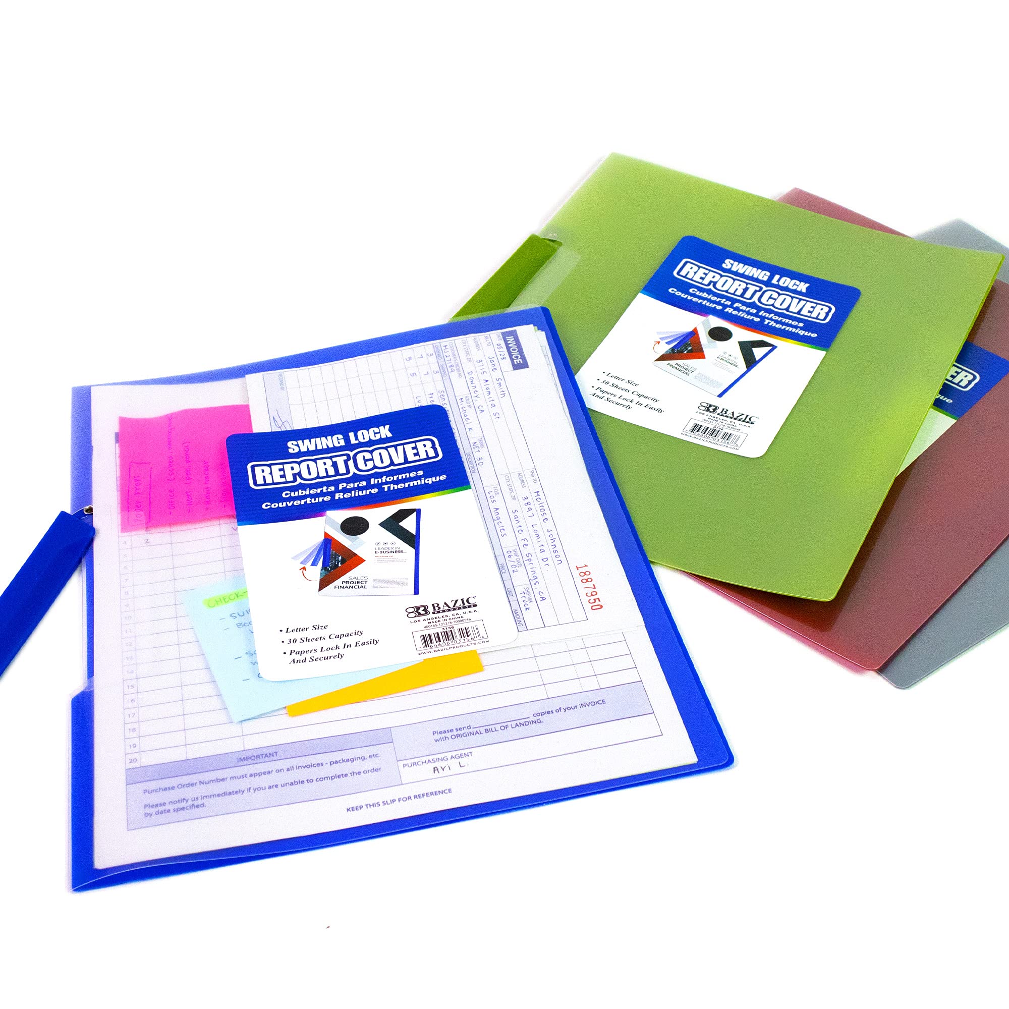 BAZIC Poly Folder Swing-Lock Report Cover - Letter Size Plastic Document Organizer for Office, School & Home - 4-Pack Portfolio File Folders for Paper Storage & Organization