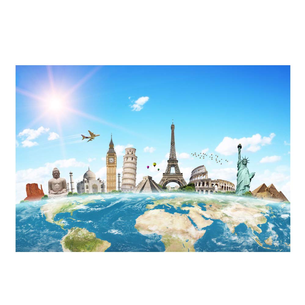 5x3ft World Map Travel Backdrop with Famous Landmarks - Scenic Photography Background for Kids Birthday Party, Baby Shower & Dessert Table Decor - Perfect for Travel-Themed Events and Photo Props