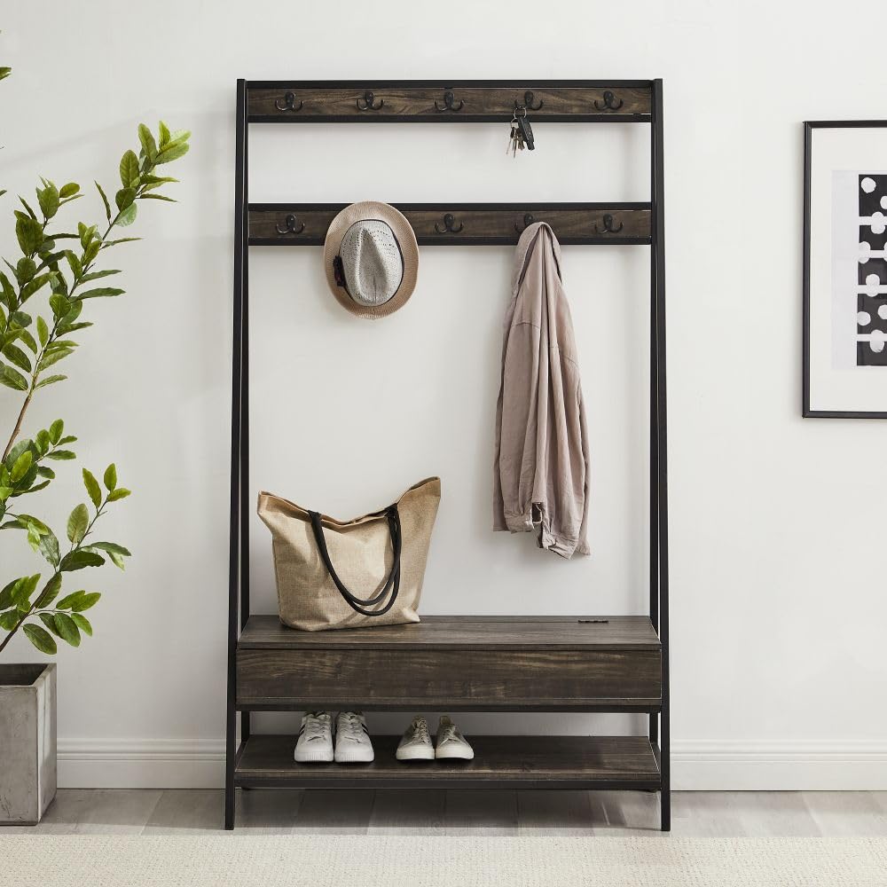 Crosley Jacobsen Hall Tree with Storage Bench, Shoe Shelf & Coat Hooks - Brown Ash Entryway Organizer for Coats, Shoes & Home Decor