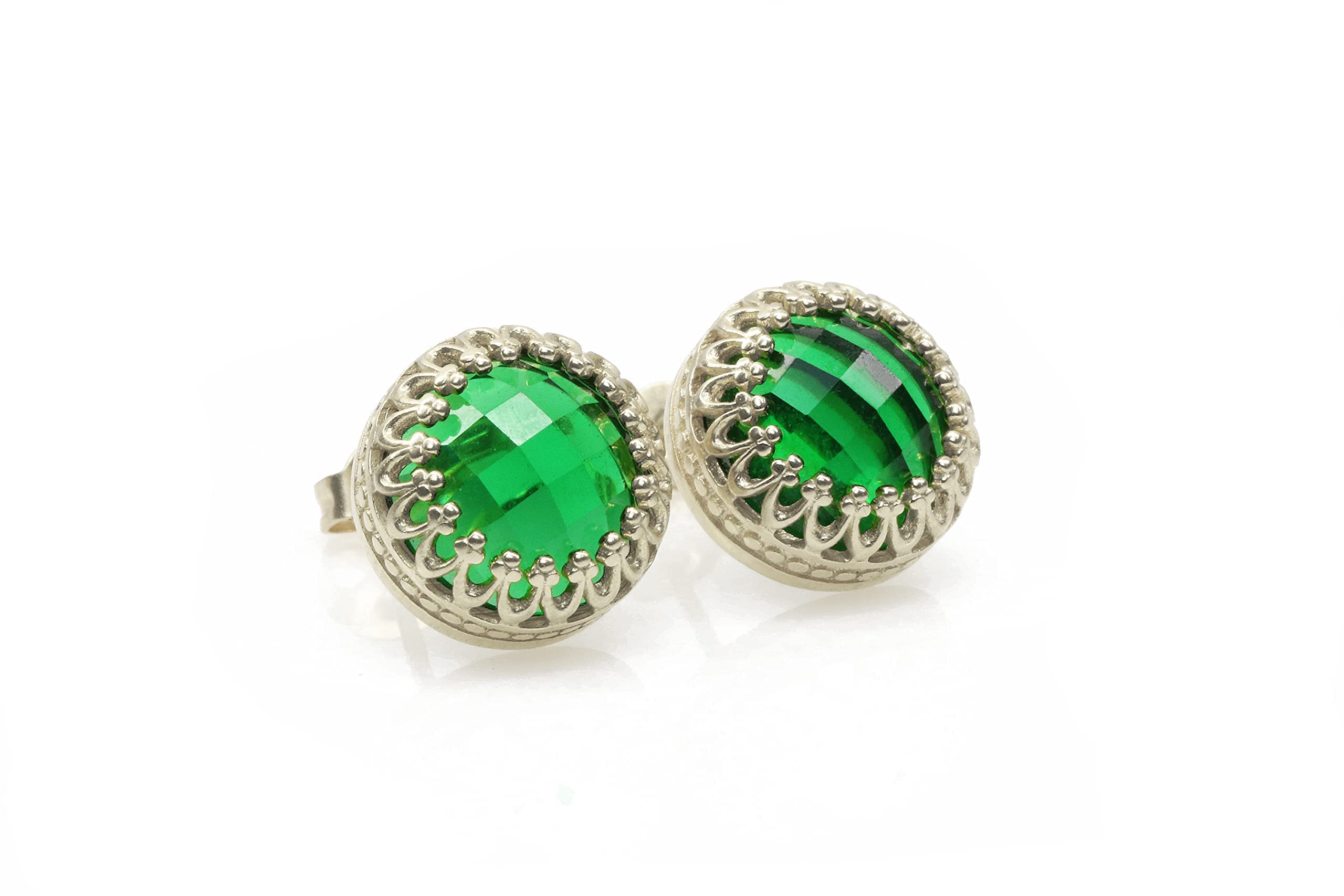 Handmade Artisan Emerald Stud Earrings - Sterling Silver Round Statement Jewelry for Women | May Birthstone Gifts, Vintage Gemstone Fashion Earrings | Perfect for Weddings, Parties & Special Occasions