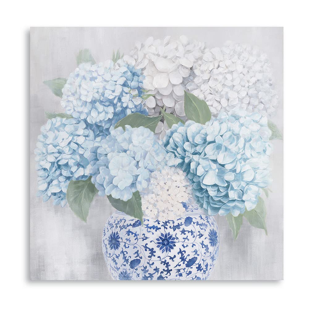 Blue and White Chinoiserie Hydrangea Canvas Wall Art - Oriental Chinese Porcelain Vase Flower Painting - 12x12 Inch Framed Print for Bedroom, Bathroom, Living Room Decor - Perfect for Home, Office & Gift Giving