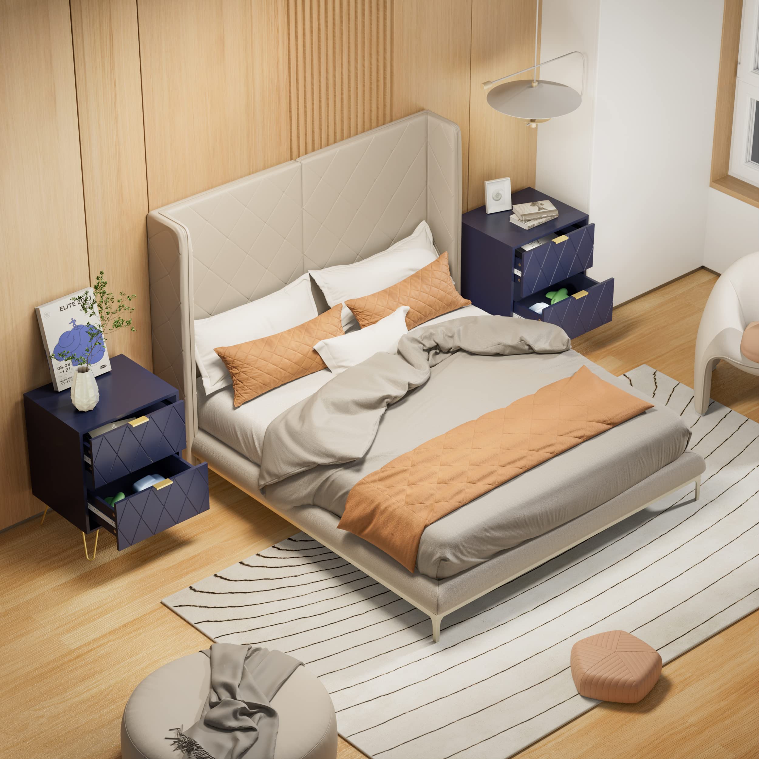 Anbuy 3-Piece Navy Blue Bedroom Furniture Set - 6-Drawer Dresser & 2 Nightstands with 2 Drawers Each, Solid Wood Storage for Master Bedroom, Guest Room or Dorm Organization