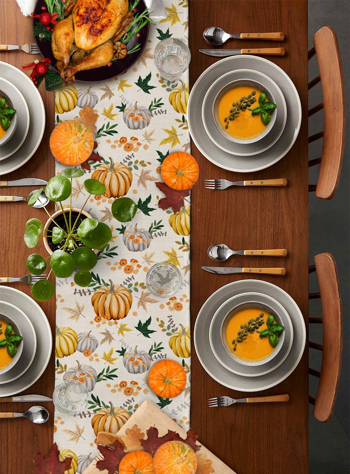 72 Inch Cotton Linen Table Runner - Thanksgiving & Fall Farmhouse Decor for Dining Table, Coffee Table, Dresser | Rustic Burlap with Pumpkin & Maple Leaf Design | Perfect for Wedding, Party & Home Decoration