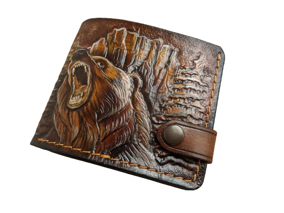 Grizzly Bear Forest Hunter Hunting Mens 3D Genuine Leather Bifold Wallet - Handmade Carved Tooled Leather Wallet with Airbrush Art - Perfect Gift for Outdoorsmen & Nature Lovers