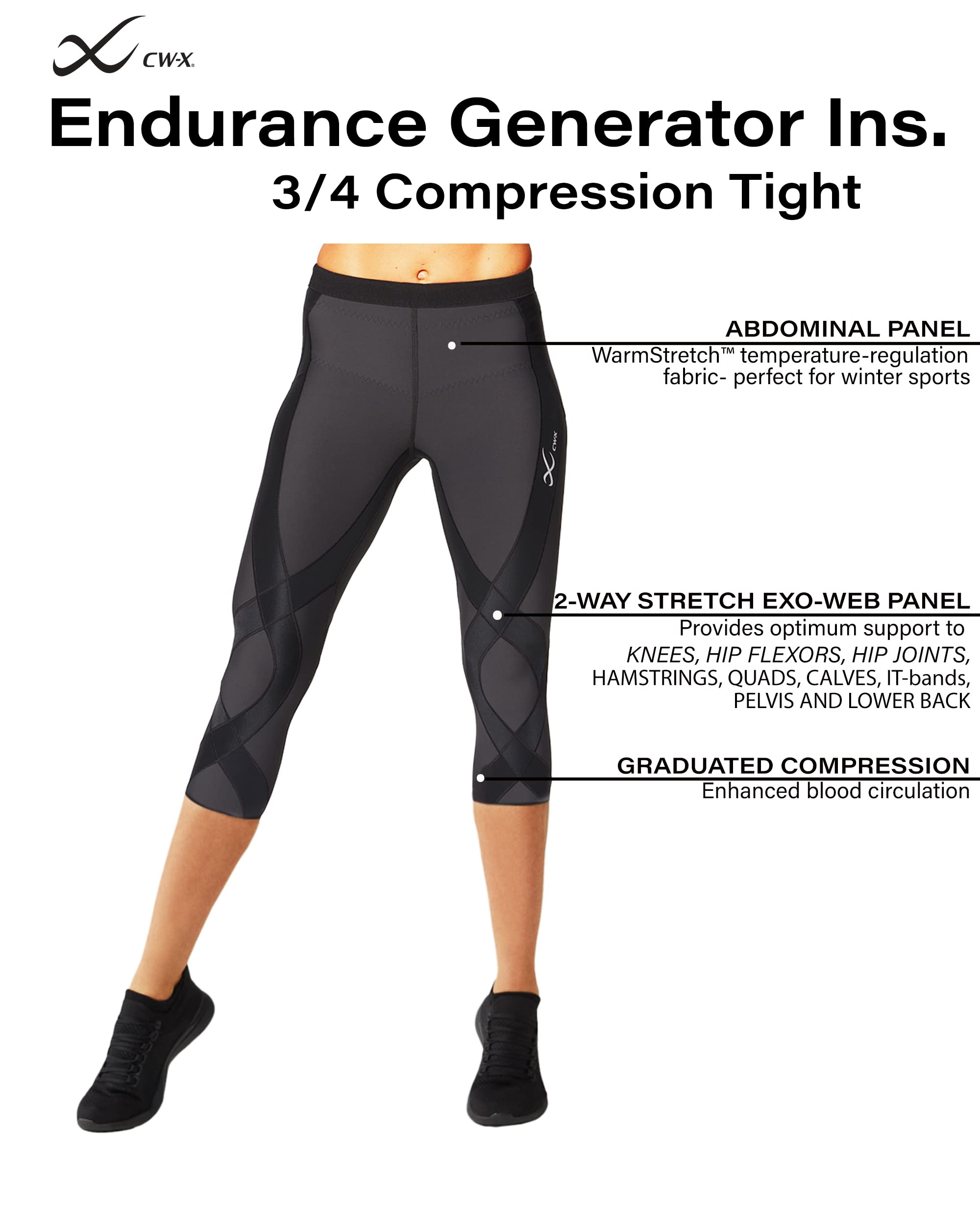 CW-X Women's Endurance Generator Insulator 3/4 Compression Tights - Joint & Muscle Support Base Layer for Skiing, Running, Cycling & Winter Sports