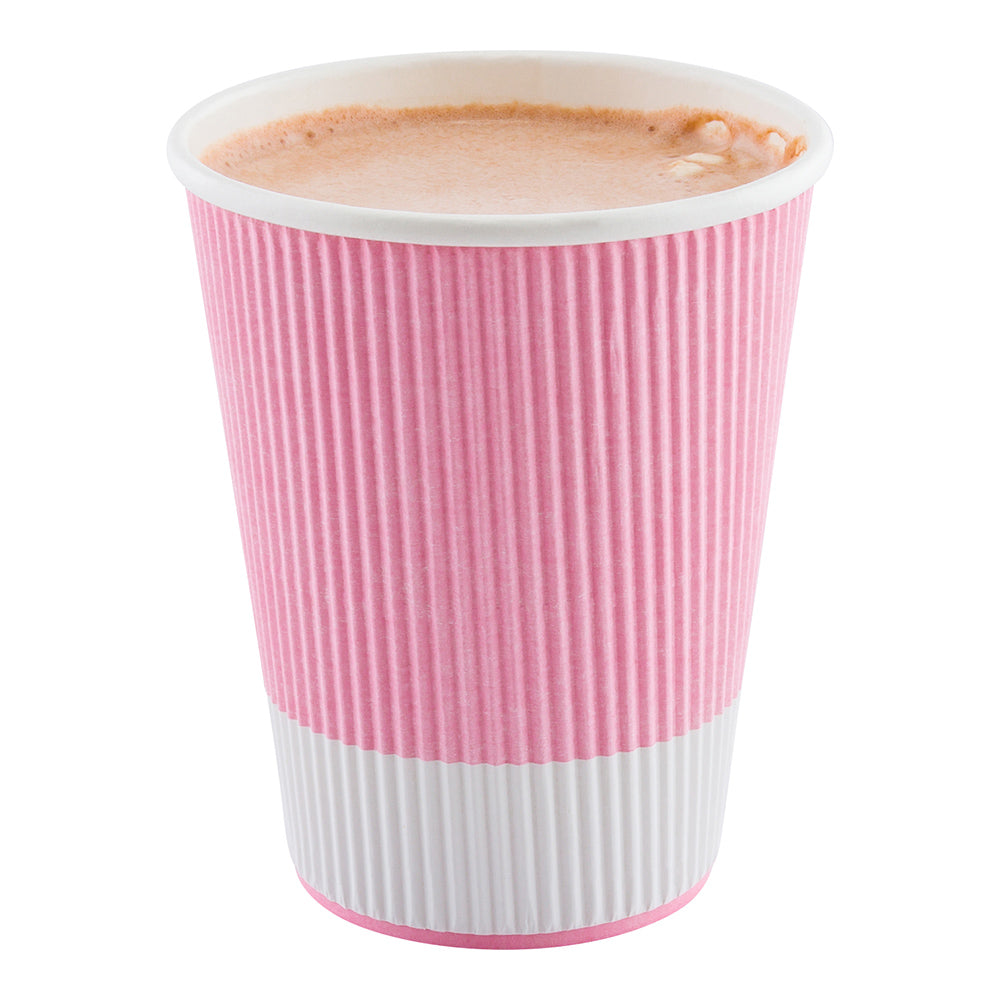 12 oz Light Pink Disposable Paper Coffee Cups with Ripple Wall Design - 3.5