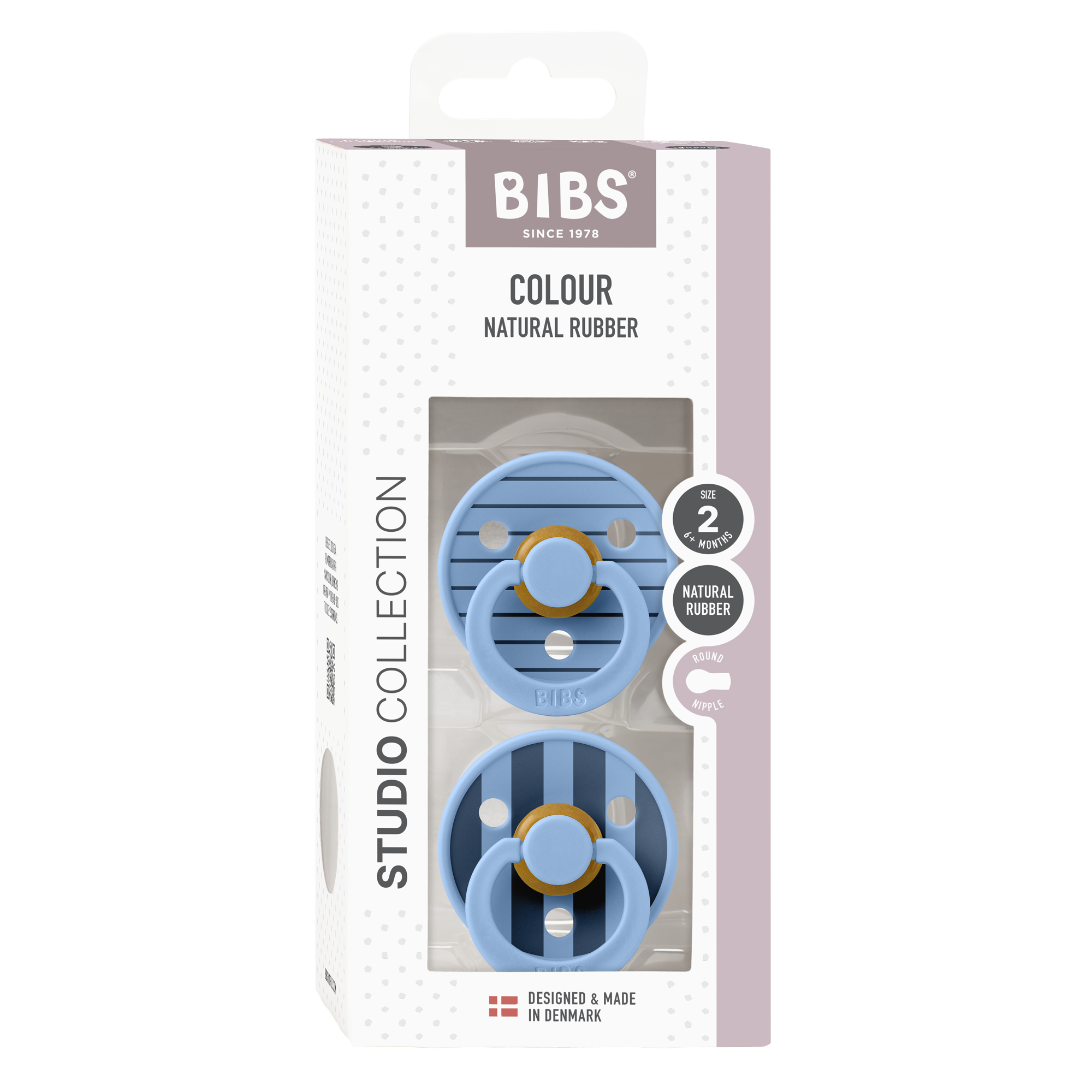 BIBS Studio Collection Round Pacifiers - Twin Pack (Pinstripe) - Soothing Baby Dummies for Newborns & Infants - Perfect for Daycare, Travel & Bedtime Comfort