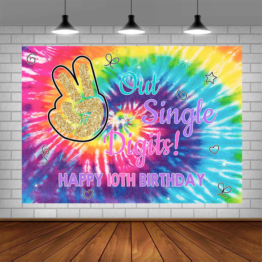 7x5ft Rainbow Tie Dye Happy 10th Birthday Backdrop - Single Digits I'm 10 Photography Background for Birthday Girl Party Decorations (CQ331) | Perfect for Birthday Photos, Party Decor, and Social Media Backdrops