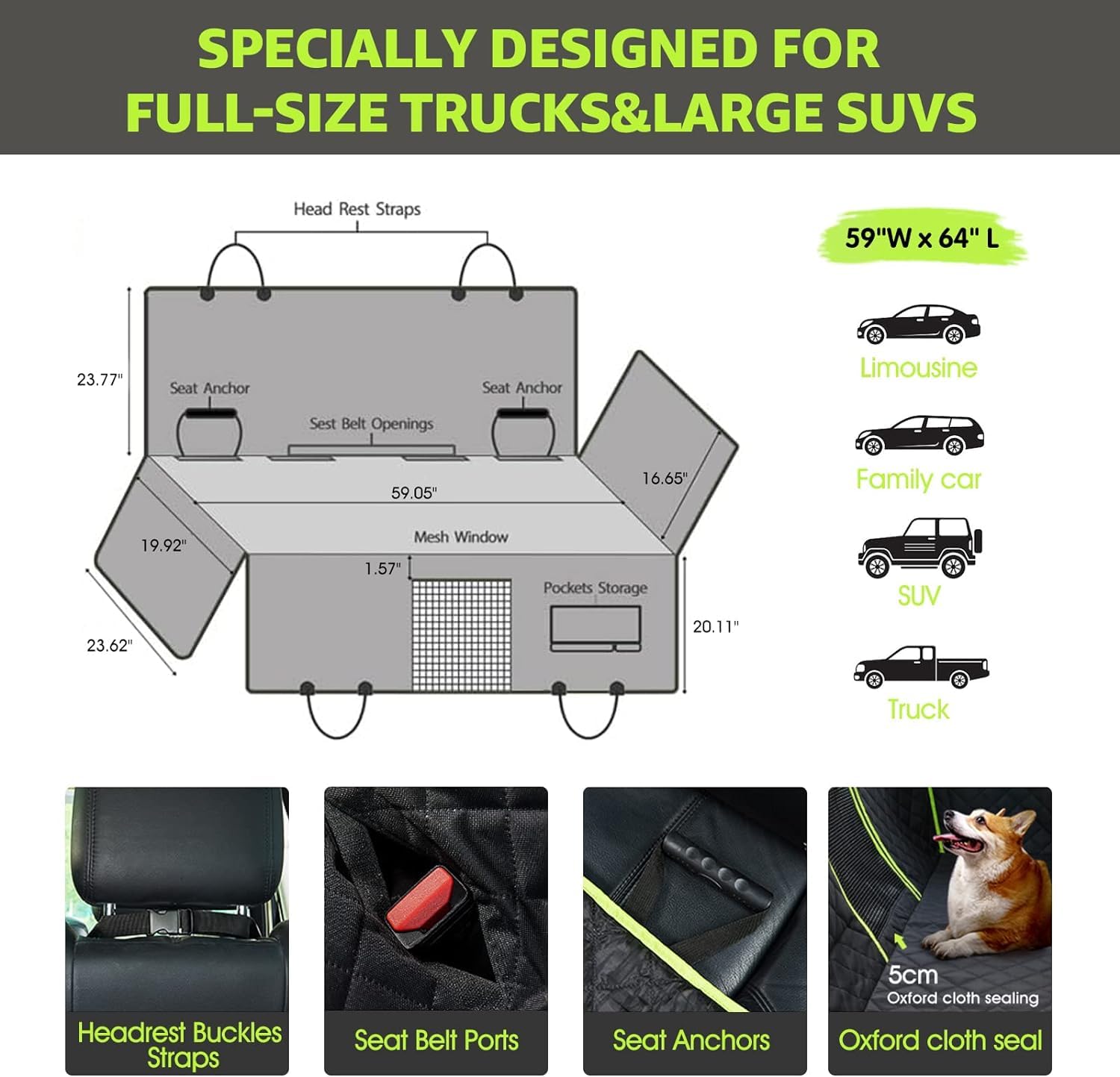 Waterproof Dog Seat Cover for Trucks - XL Non-Slip Scratchproof Pet Hammock with Mesh Window | Heavy Duty Back Seat Protector for Full-Sized Pickups Like F150 | Perfect for Road Trips & Outdoor Adventures (Green)