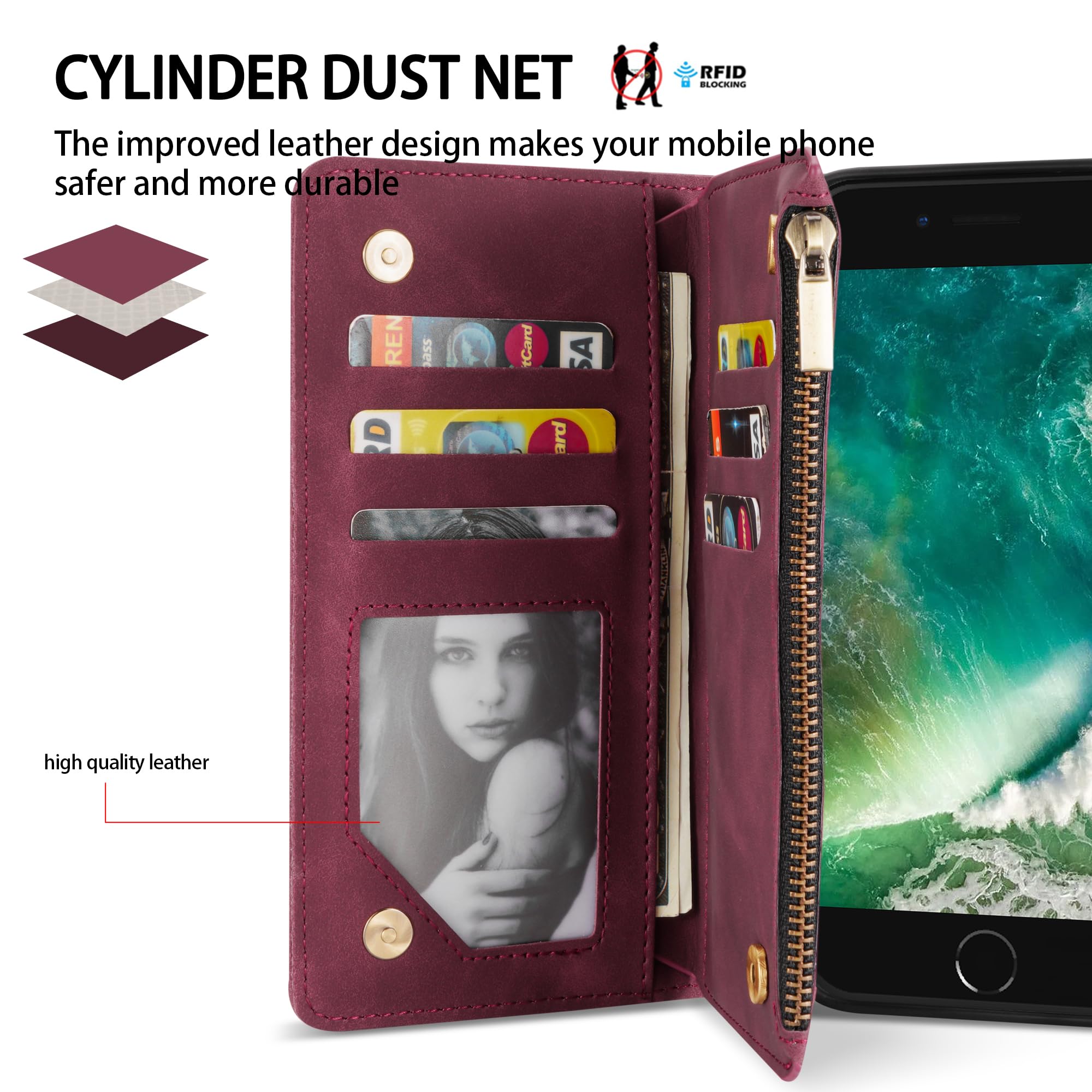 iPhone SE 2022/2020, iPhone 7 & iPhone 8 Wallet Case with RFID Blocking - PU Leather Zipper Flip Folio Cover with Wrist Strap & Kickstand (Wine Red, 4.7 inch) | Perfect for Travel, Commuting & Daily Protection