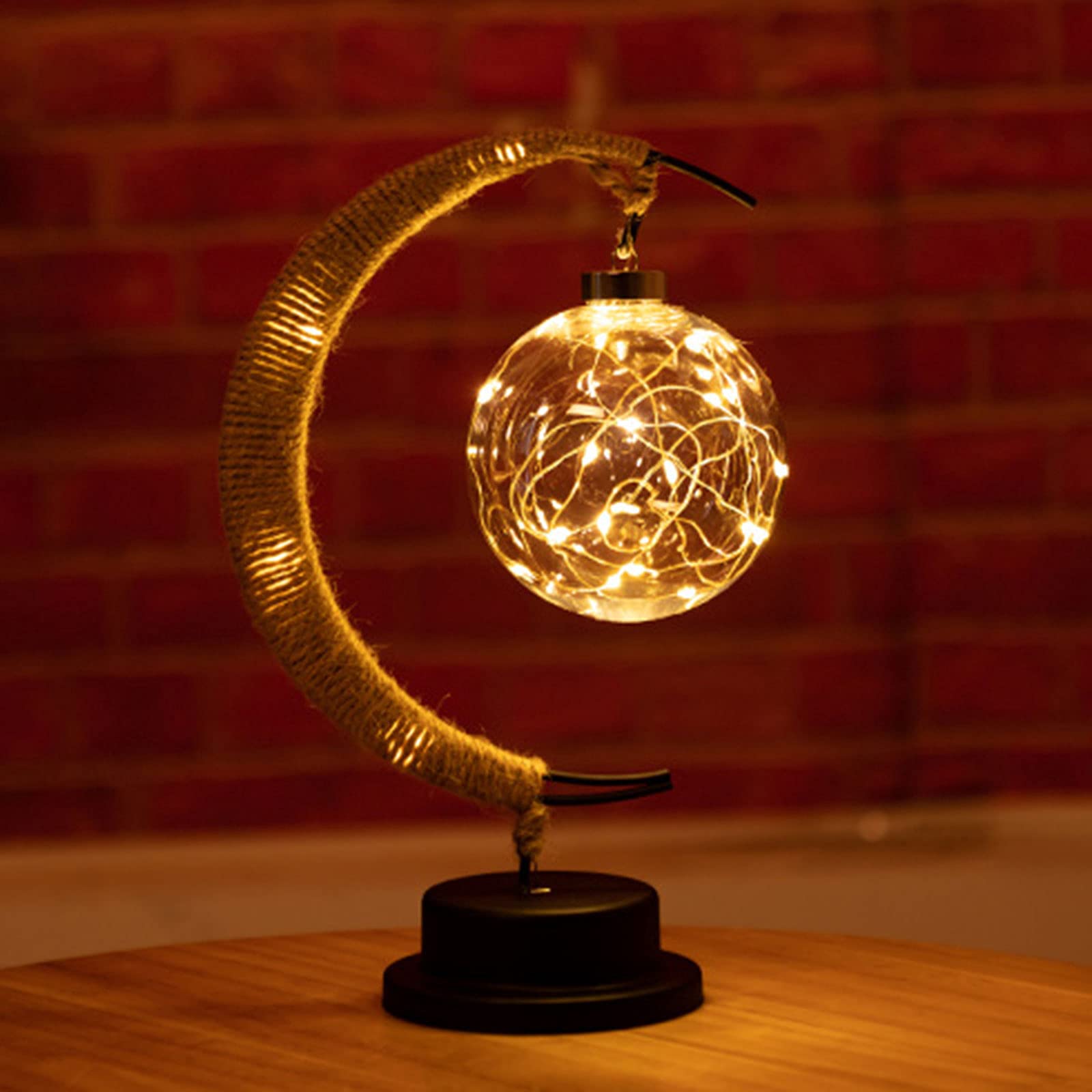 Romantic Moon Ball LED Table Lamp - Hemp Rope & Wrought Iron Night Light for Bedroom, Living Room | Perfect for Wedding Decor, Party Atmosphere & Cozy Home Lighting