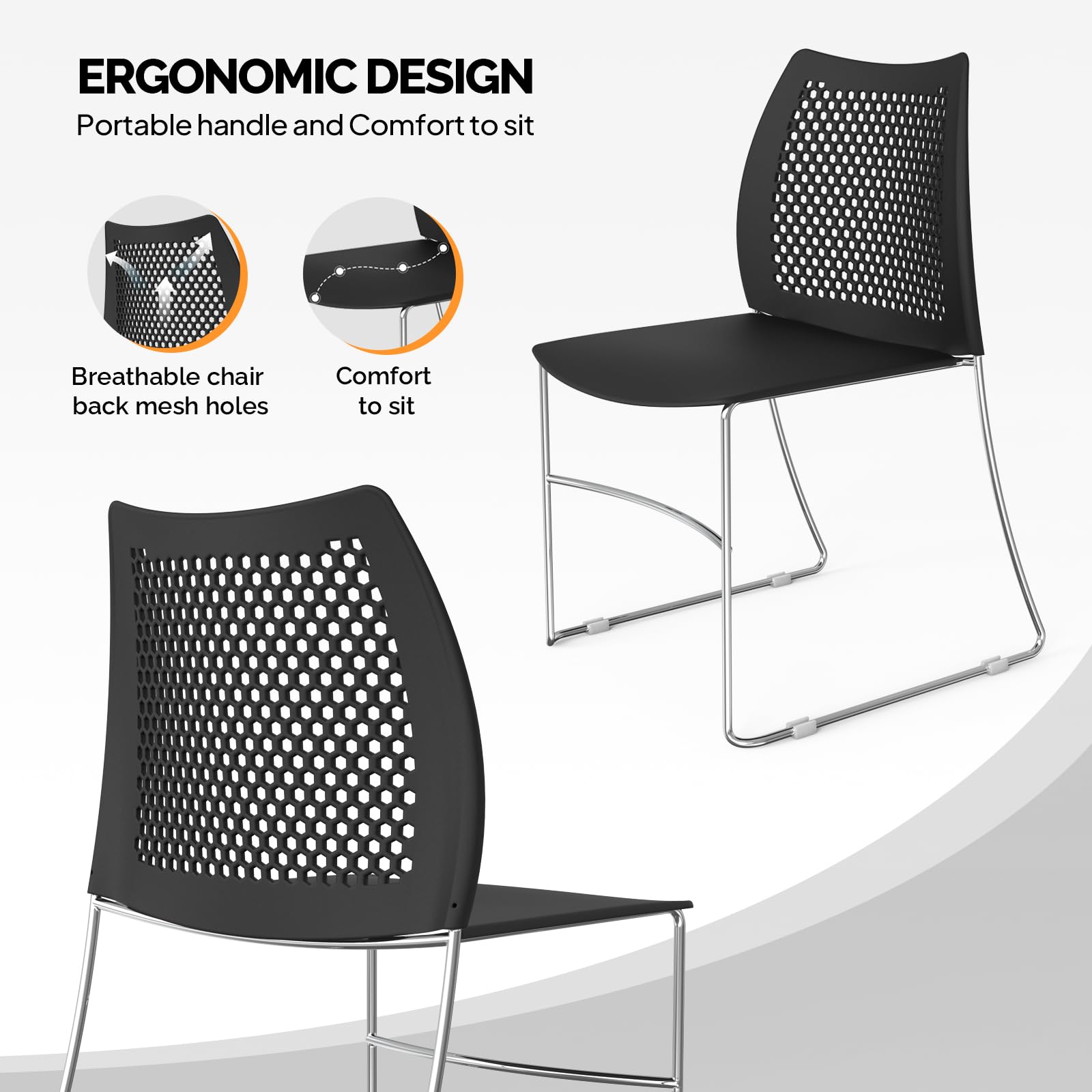 VINGLI 8-Pack Stackable Office Chairs - Heavy Duty Metal Sled Base with Ergonomic Plastic Seat & Ventilated Back - Perfect for Waiting Rooms, Break Rooms, Banquets & Guest Seating (Black) - Space Saving Stacking Design for Home & Commercial Use
