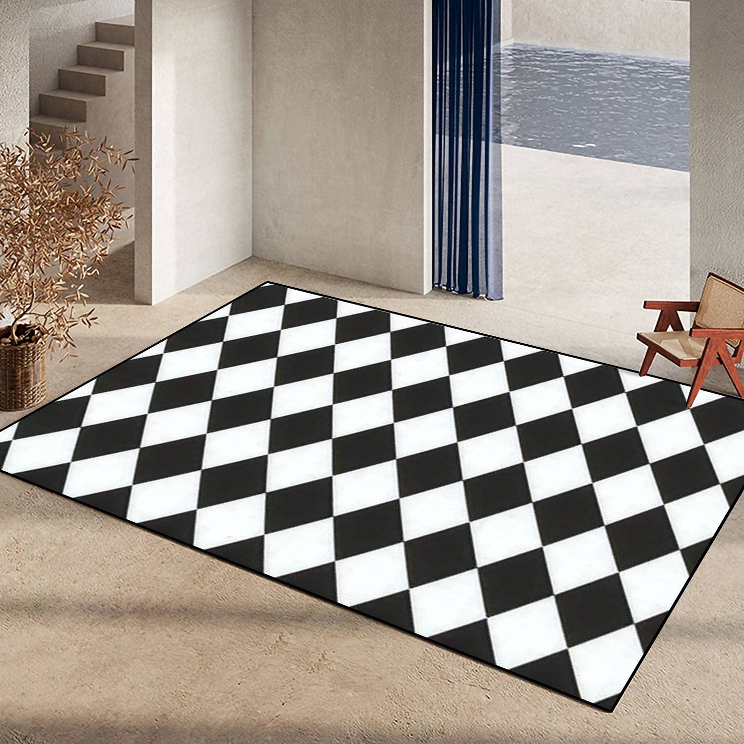 Non-Slip Area Rug - Black & White Diamond Pattern Indoor/Outdoor Carpet for Living Room, Bedroom, Kids Room | Home Decor Floor Mat, Yoga Mat & Patio Rug - Perfect for Home, Office & Gym Use