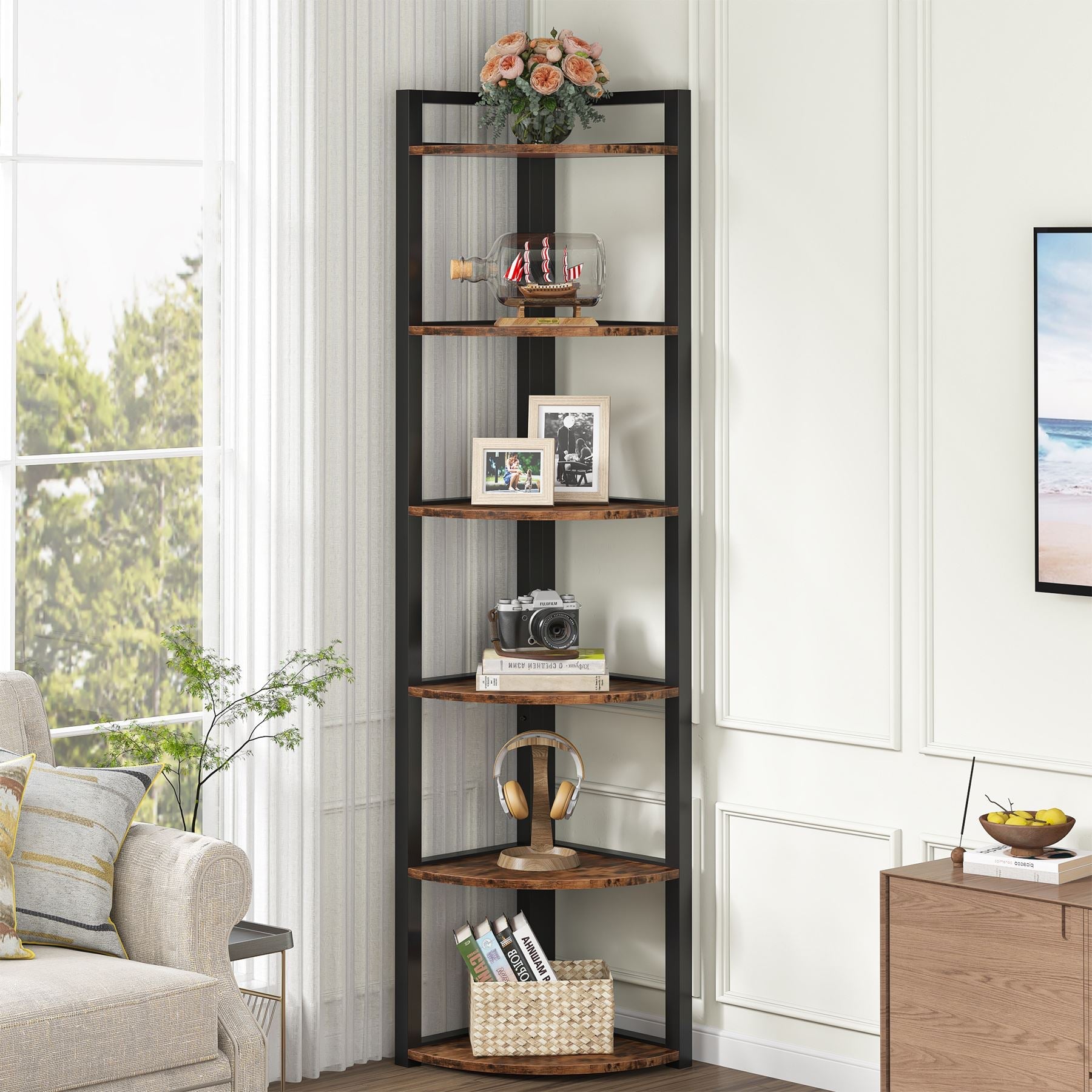 6 Tier Corner Shelf - Small Corner Bookshelf Storage Rack for Bedroom, Bathroom & Office - Space Saving Organizer for Books, Plants & Decor