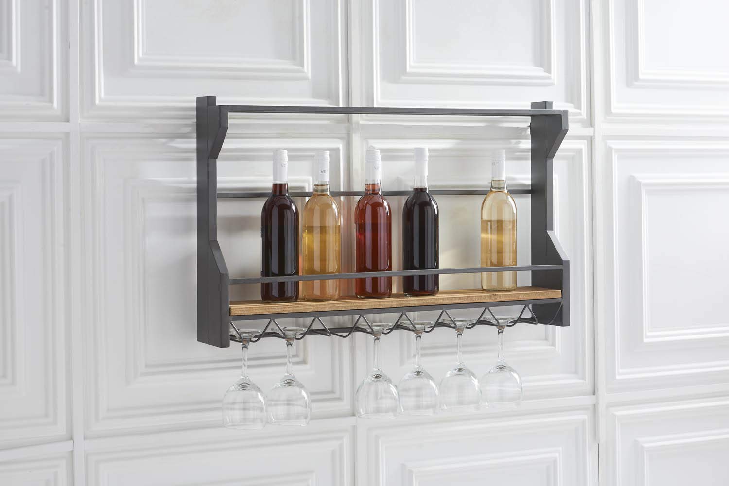 K&K Interiors 31.5 Inch Dark Metal Hanging Rack with Wine Glass Holder - Space Saving Kitchen Storage for Wine Glasses, Mugs & Utensils - Perfect for Small Kitchens, Bars & Dining Rooms