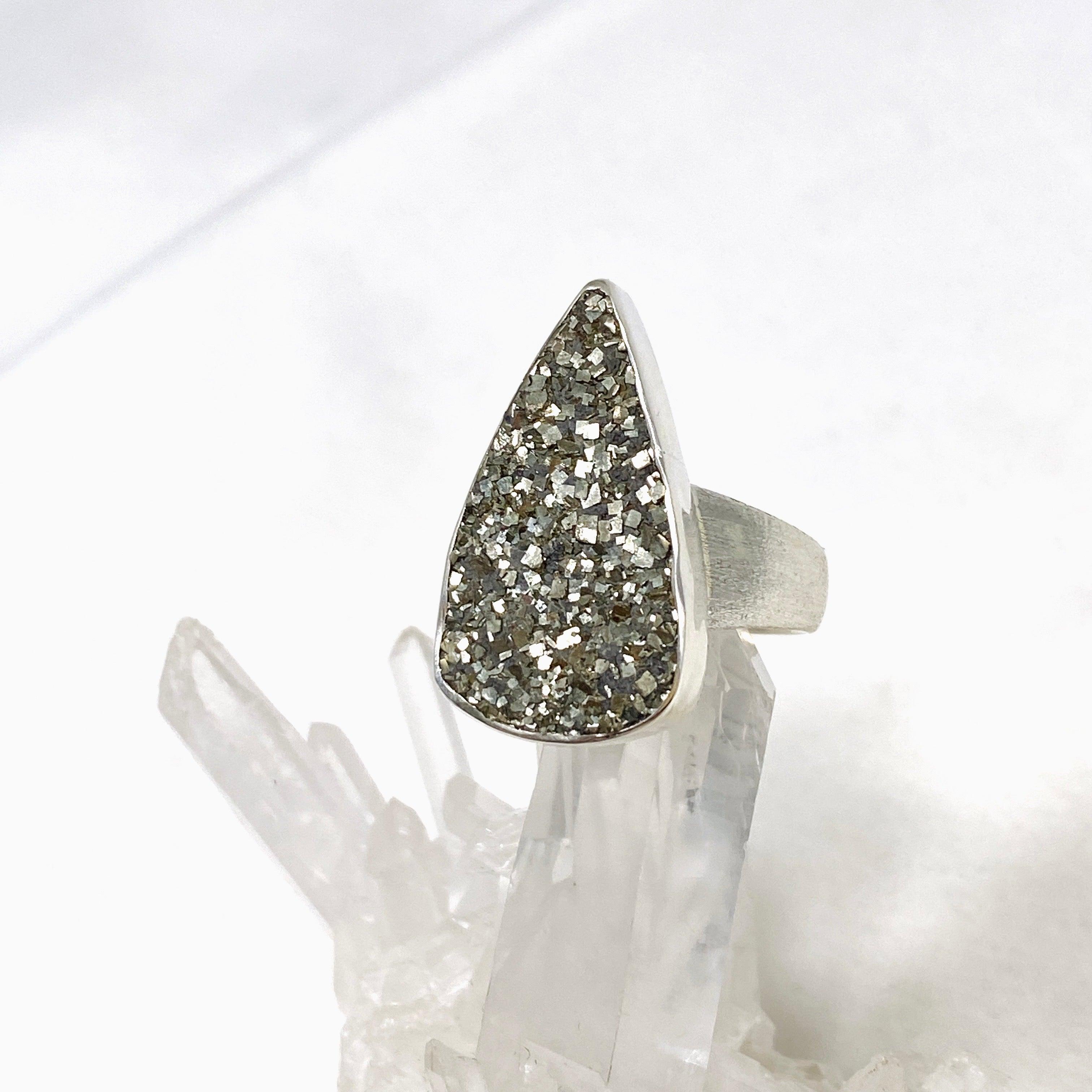 Natural Pyrite Raw Teardrop Ring with Brushed Silver Band - Size 10 - KRGJ3192 - Perfect for Boho Jewelry & Crystal Healing Collections
