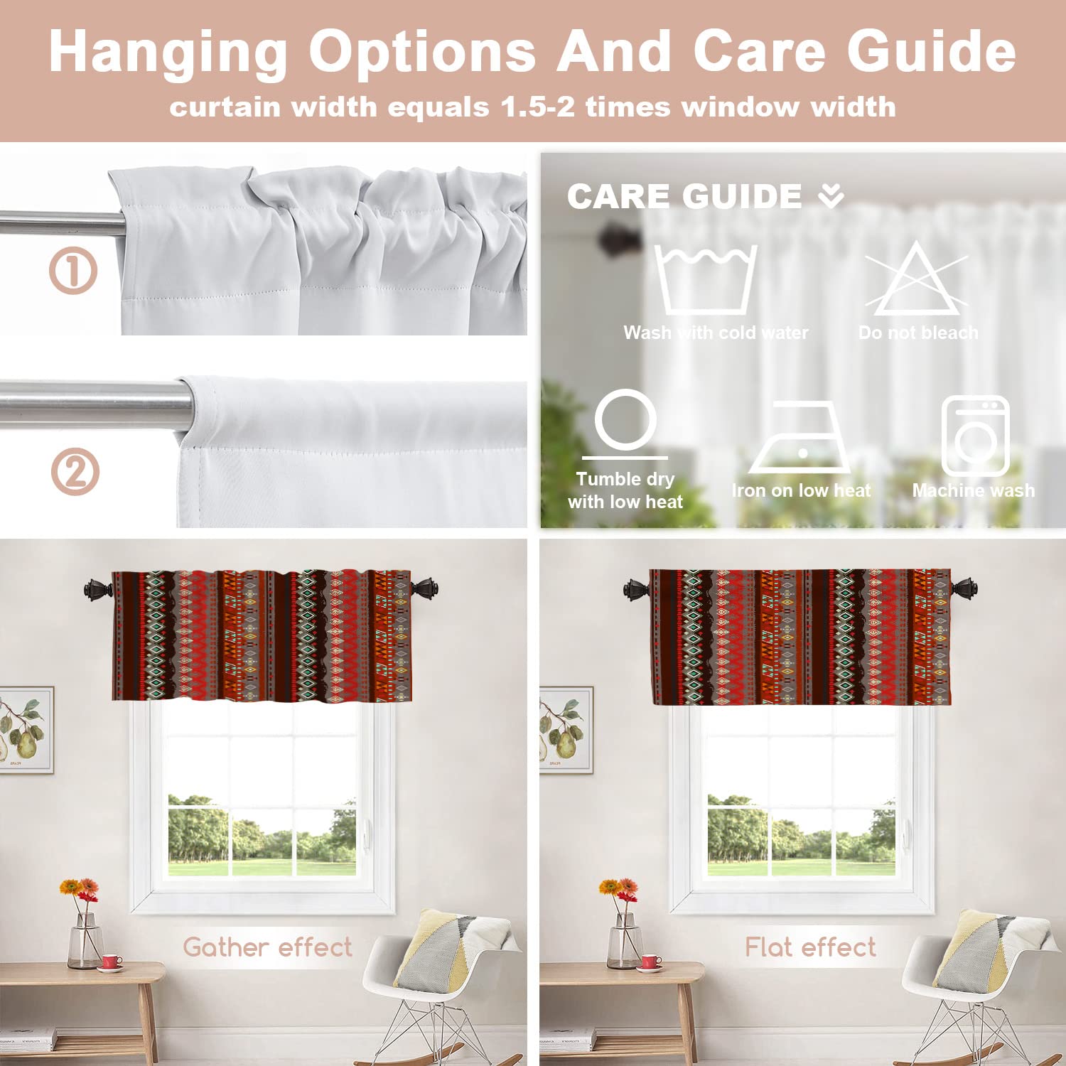Boho Abstract Kitchen Valances - Mexican Red Stripes Geometric Pattern Half Window Curtains (52x18 Inch, Set of 2) for Farmhouse, Rustic & Modern Kitchen Decor - Perfect for Windows, Cafe & Home Decoration