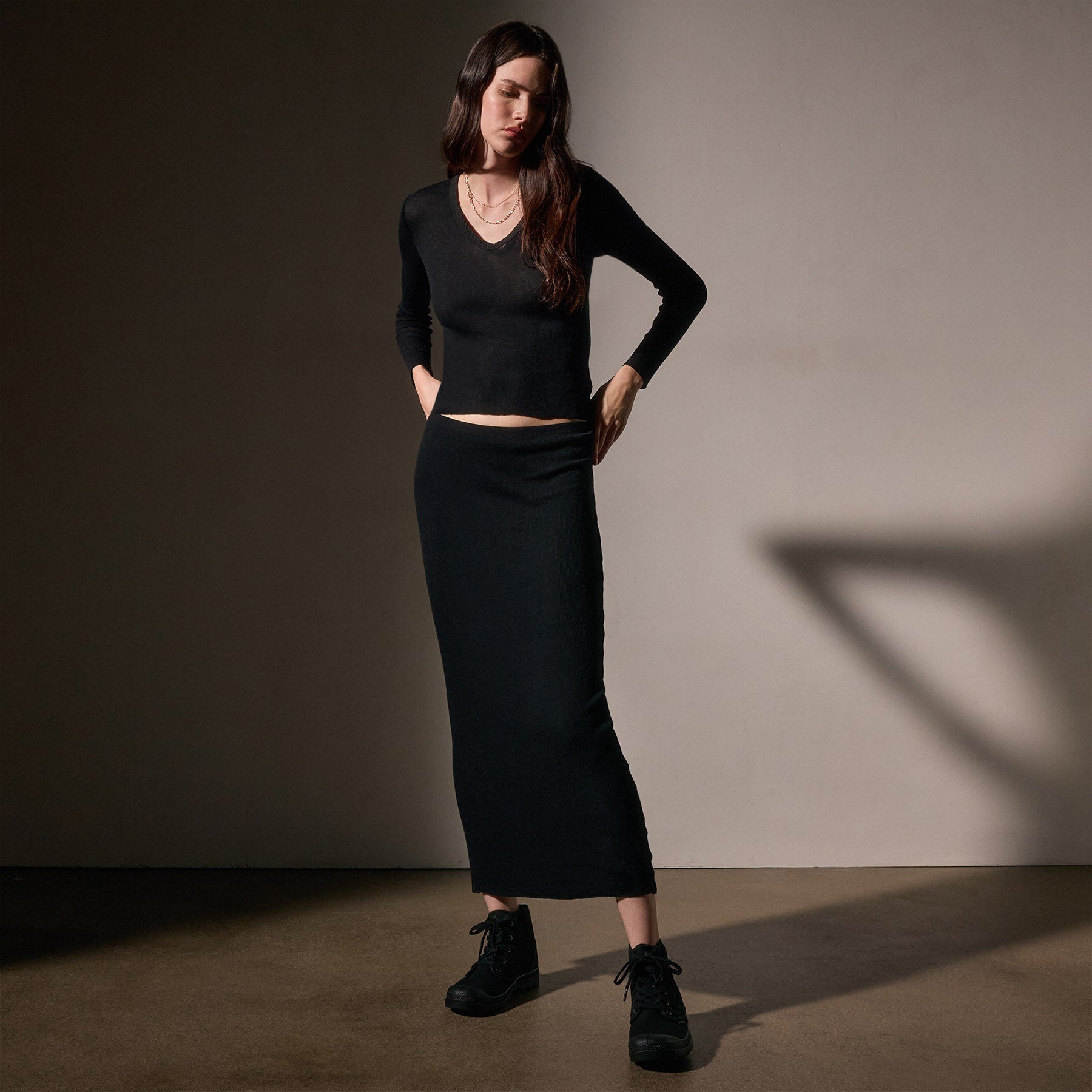 Soft Cotton Cashmere Blend Rib Skirt for Women - Stretchy Comfortable Midi Skirt in Black | Perfect for Work, Date Night & Casual Outfits