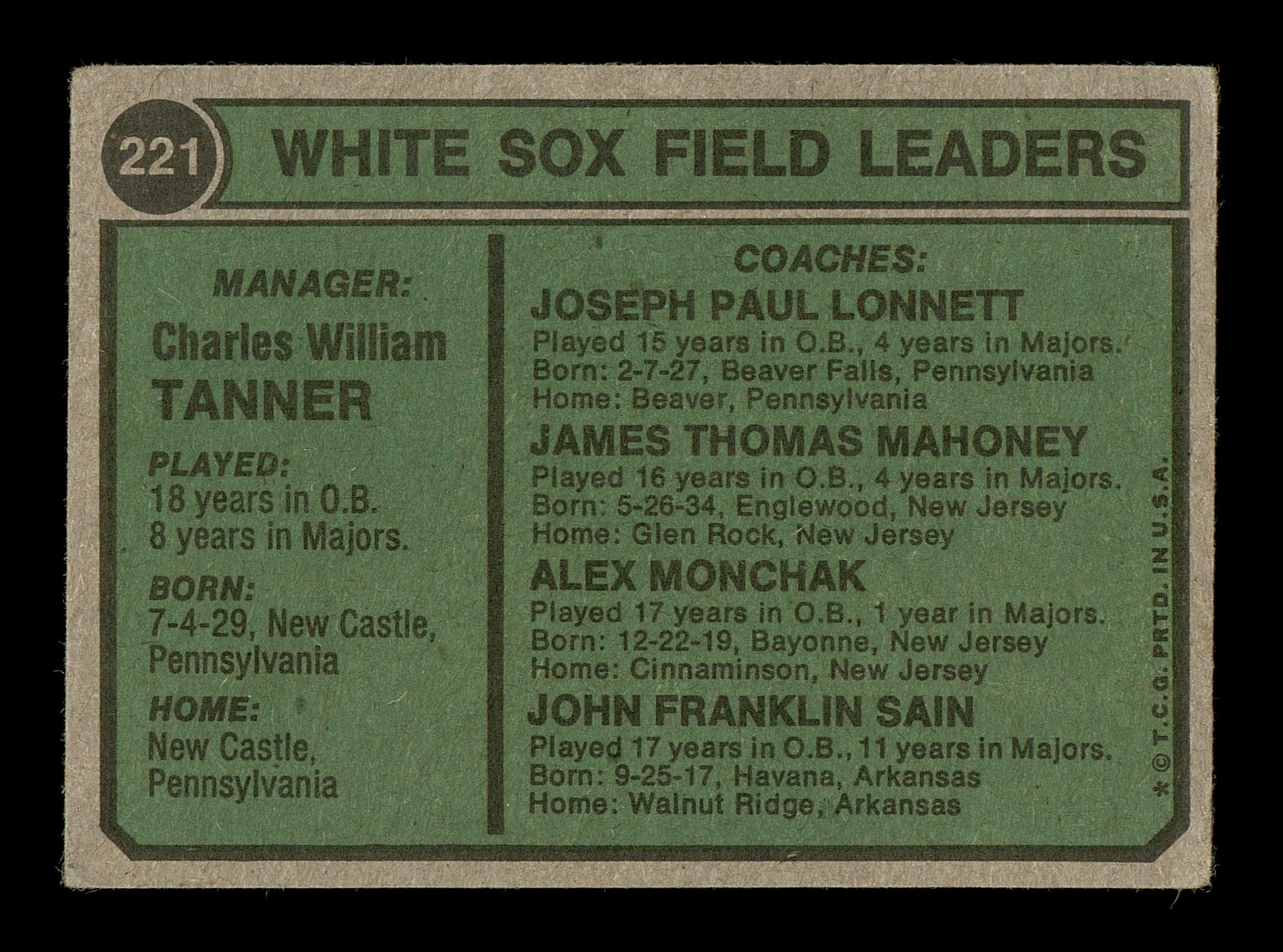 Alex Al Monchak Autographed 1974 Topps Baseball Card #221 - Chicago White Sox Coach - Collectible Memorabilia for Sports Fans and Card Collectors - Perfect for Display, Gifts, and Investment