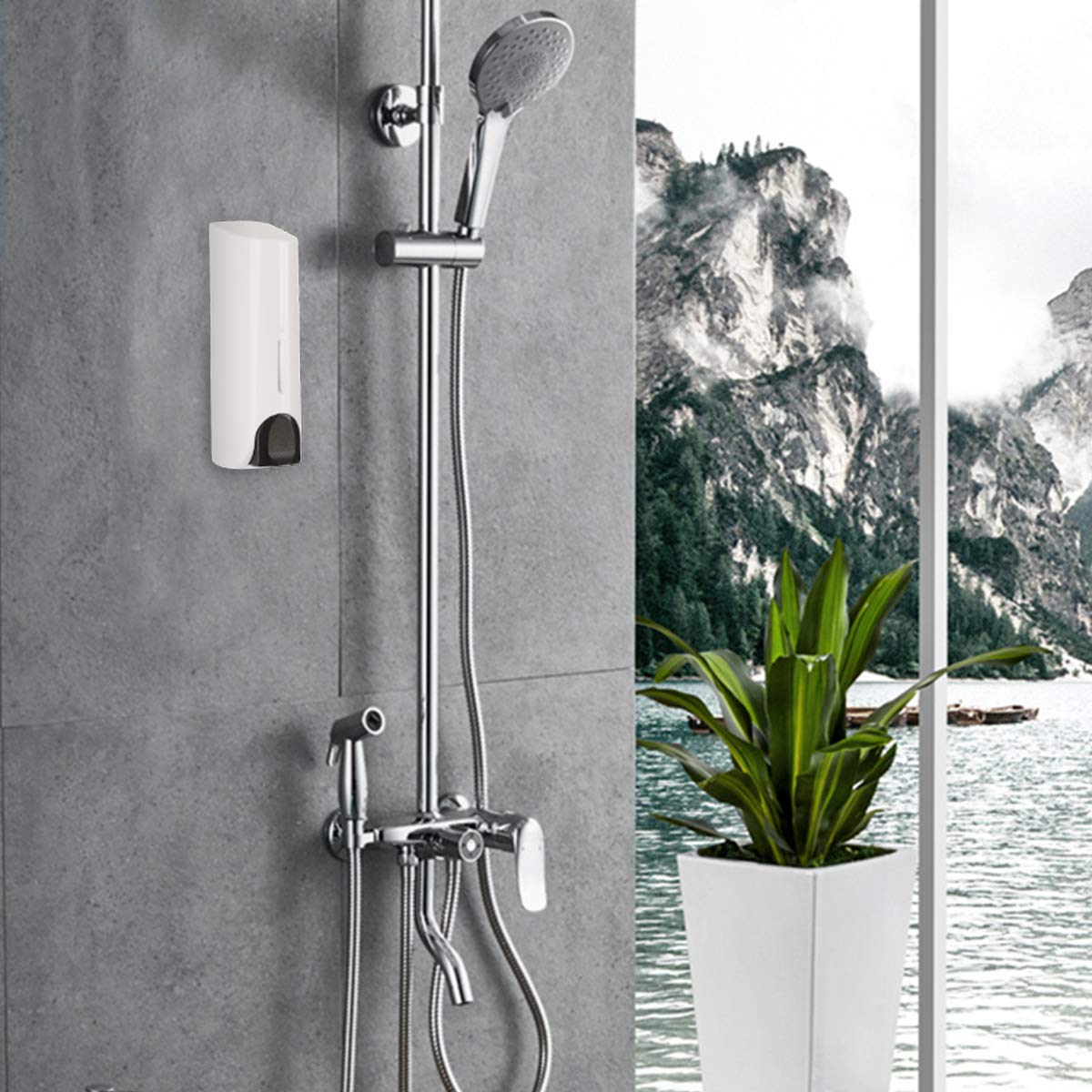 **No Drill Shampoo & Conditioner Dispenser - Wall Mounted Shower Dispenser Set for Bathroom & Hotel (White, Single Chamber) - Perfect for Soap, Body Wash & Lotion Storage**