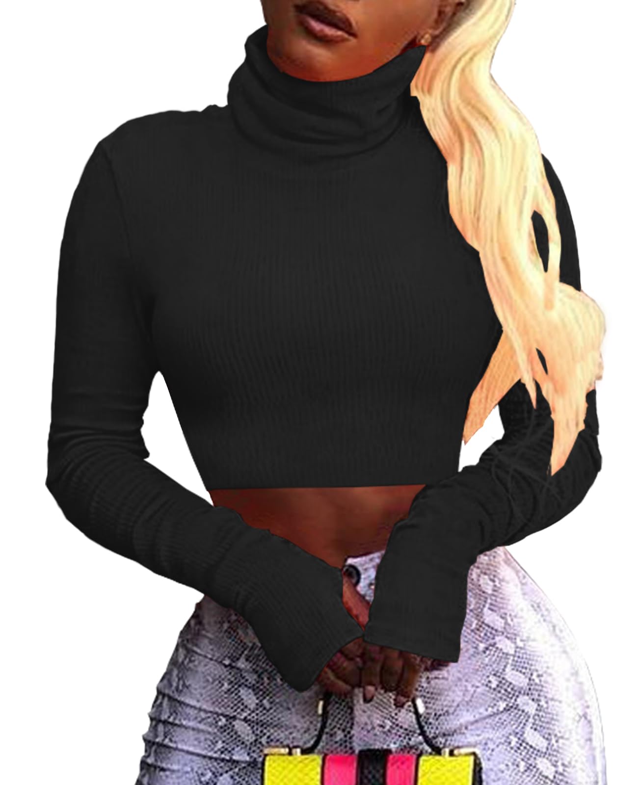 Artfish Women's Long Sleeve Turtleneck Crop Top - Neon Ribbed Half Tight Pullover Sweater for Casual Wear, Street Fashion & Party Outfits