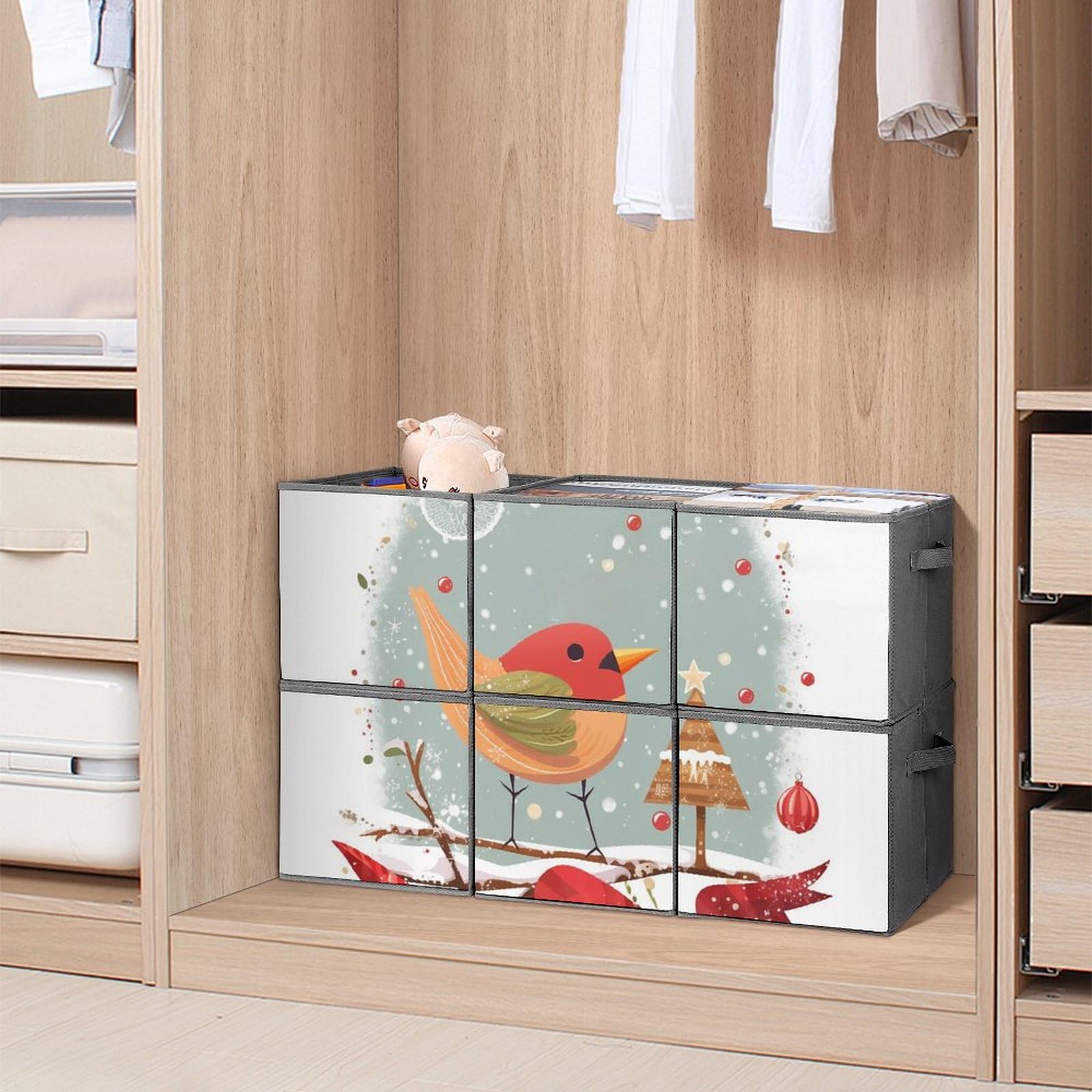 6-Pack Merry Christmas Bird Collapsible Storage Bins with Handles - Large Closet Organizer, Clothing Storage Boxes for Home, Office & Holiday Decor