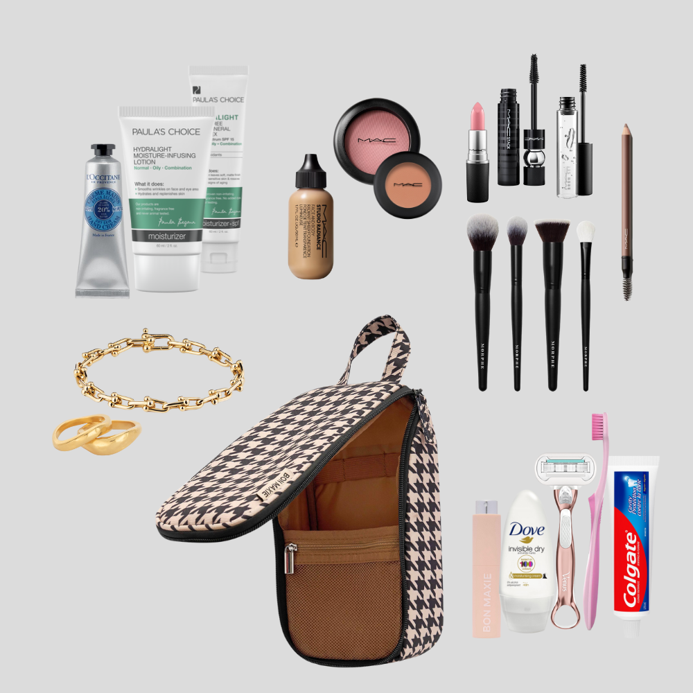 Everyday Slimline Toiletry Bag for Travel - Waterproof Cosmetic Organizer with Multiple Pockets, Milk Tea Gingham Pattern - Perfect for Gym, Vacation & Business Trips