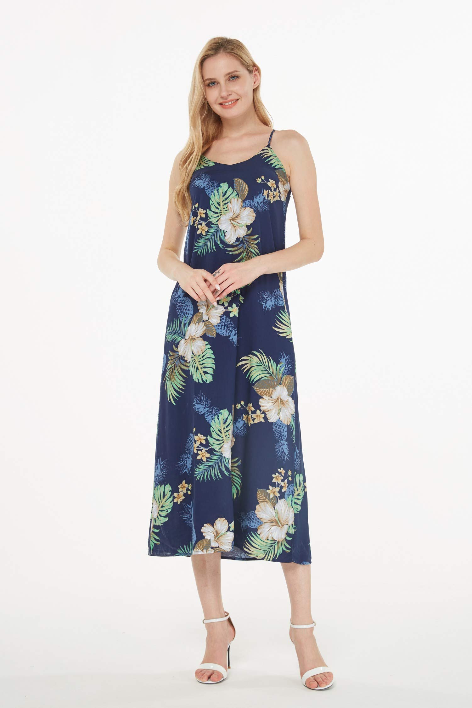 Women's Hawaiian Luau Pineapple Print Maxi Dress - Navy Blue Sweetheart Neckline Summer Beach Party Dress for Vacation, Luau Party & Tropical Getaway