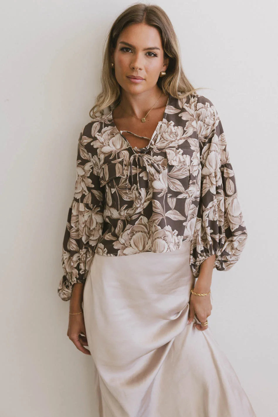 Isa Floral Blouse in Brown - Elegant Women's Boho Chic Top for Spring & Summer | Perfect for Casual Outings, Date Nights & Office Wear | FINAL SALE